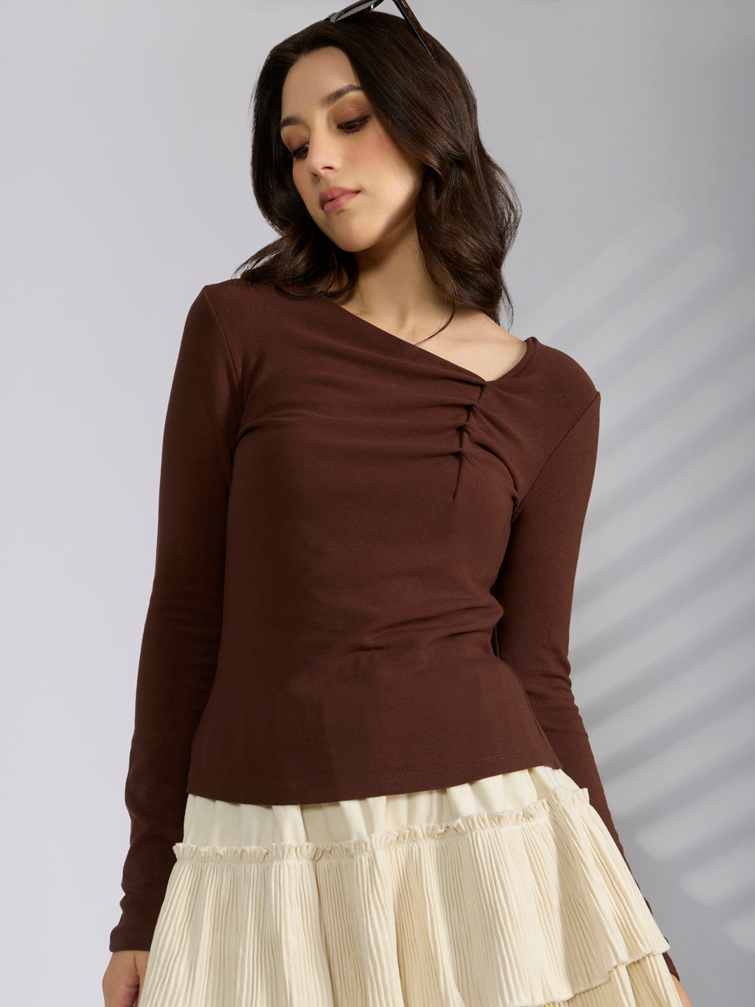 Womens Brown Asymmetric Ruched Neckline Long Sleeve Stylish Top