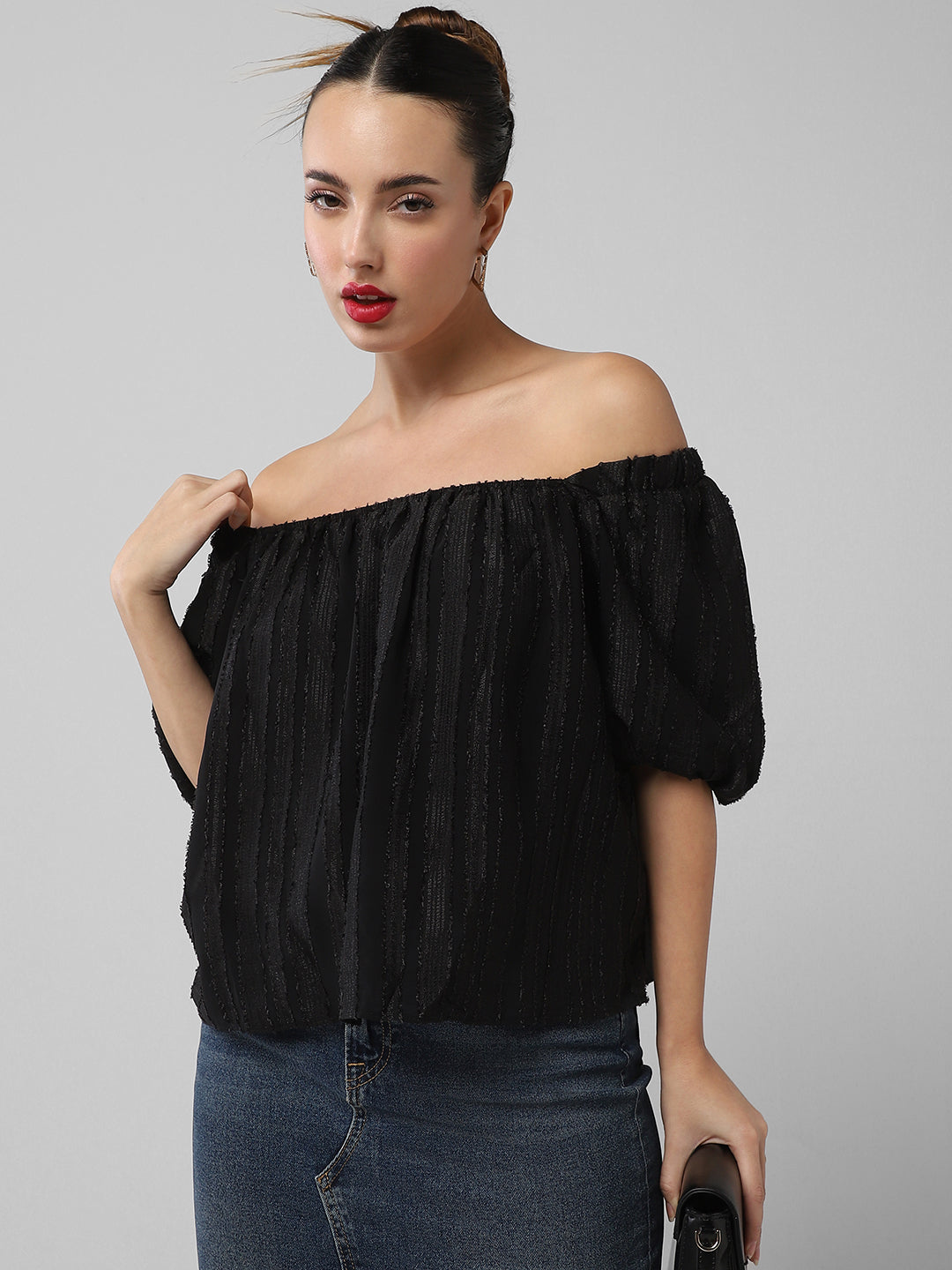 Womens Black Off Shoulder Puff Sleeve Bardot Party Top