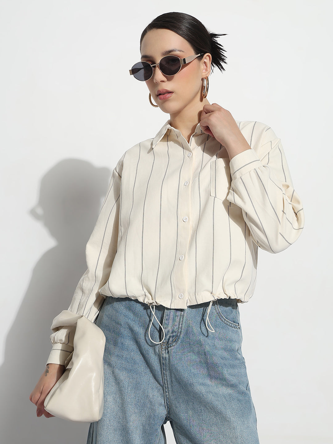 Womens Striped Cream Shirt Style Top with Toggle Hem