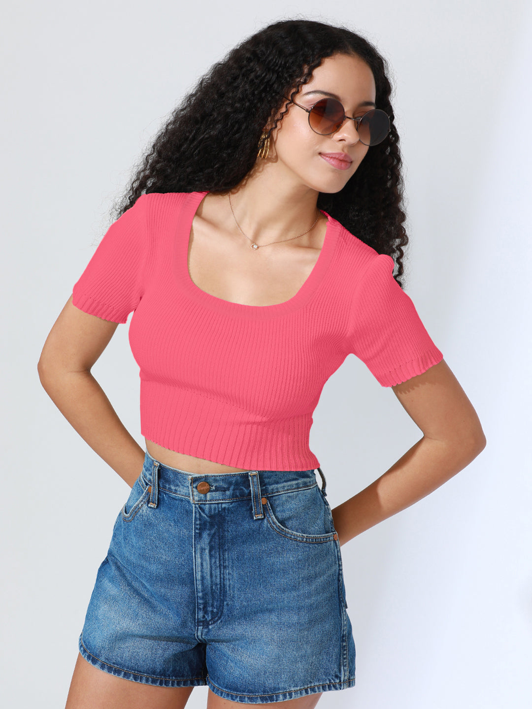 Womens Pink Fitted Ribbed Crop Top Trendy and Casual Everyday Style