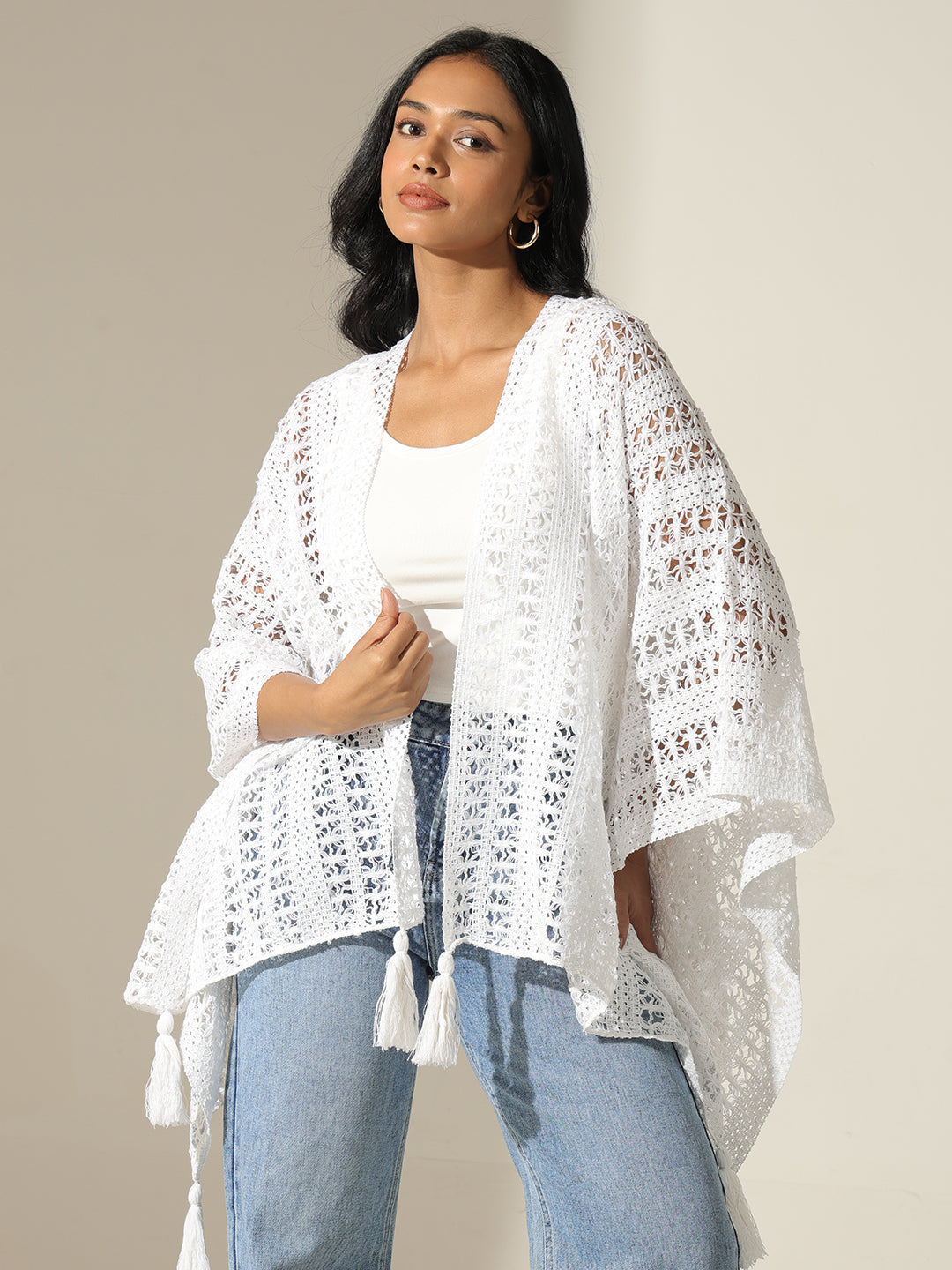 Womens Crochet White Open Front Top with Tassel Detail Boho Chic Summer Wear