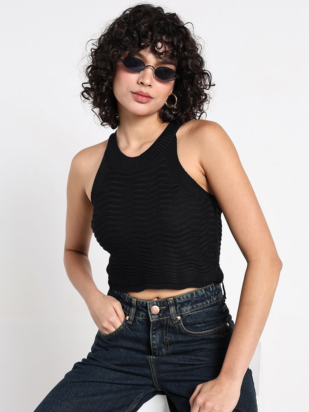 Womens Textured Black Ribbed Halter Crop Top Trendy and Elegant Party Wear
