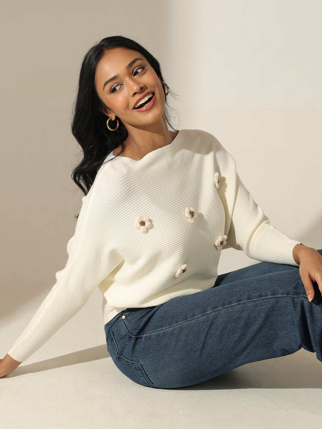 Womens Flower Applique Detail Feminine Off White Textured Knit Top