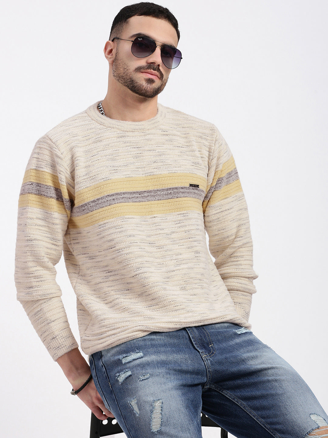Men Cream Striped Round Neck Cotton Sweater Casual Warm Knitwear