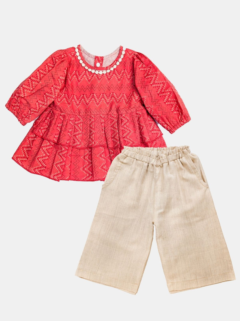 Red Floral Printed Cotton Top & Bottom Set for Girls ? Casual Wear