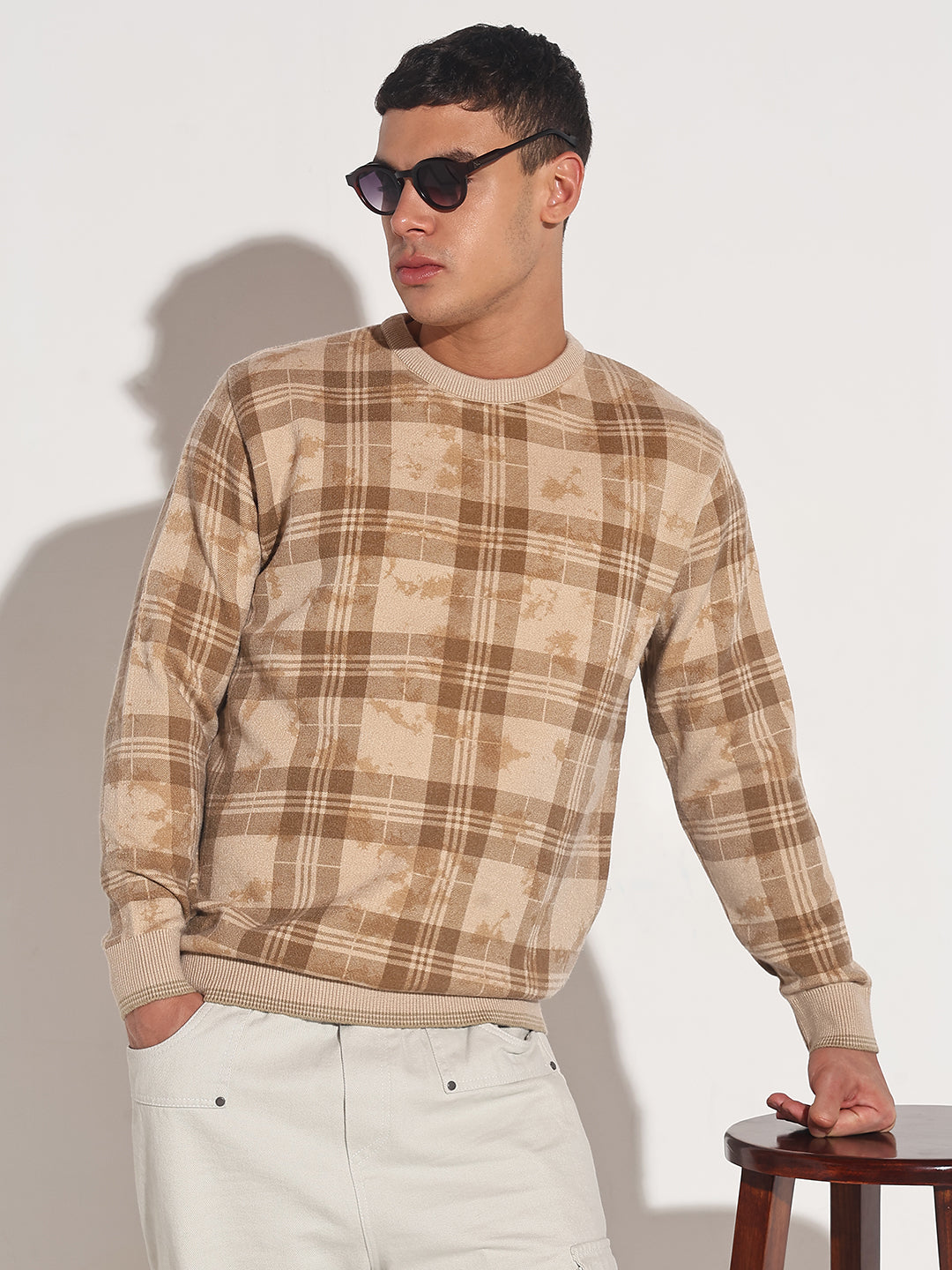 Men Checked Beige Ribbed Round Neck Sweater Heritage Check Design