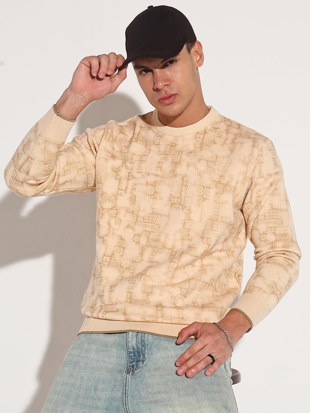 Men Abstract Beige Ribbed Round Neck Sweater Trendy Casual Wear