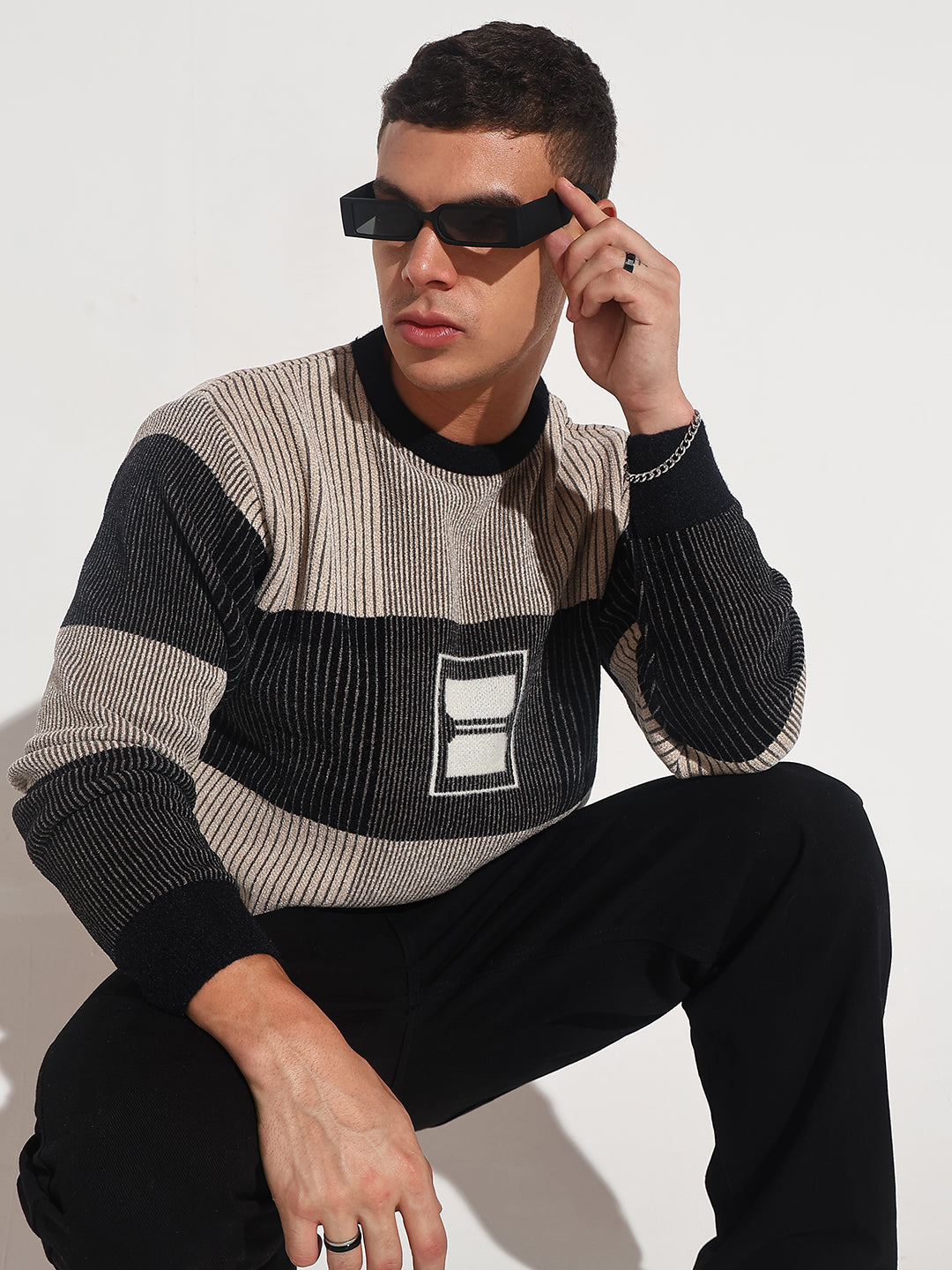 Men Striped Black Ribbed Round Neck Sweater Classic Street Style Knit