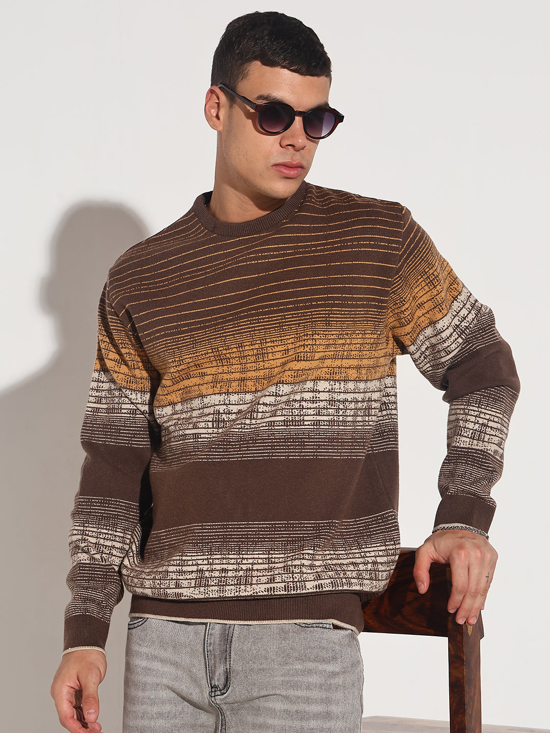 Men Striped Brown Gradient Ribbed Round Neck Sweater Cozy Warm Pullover