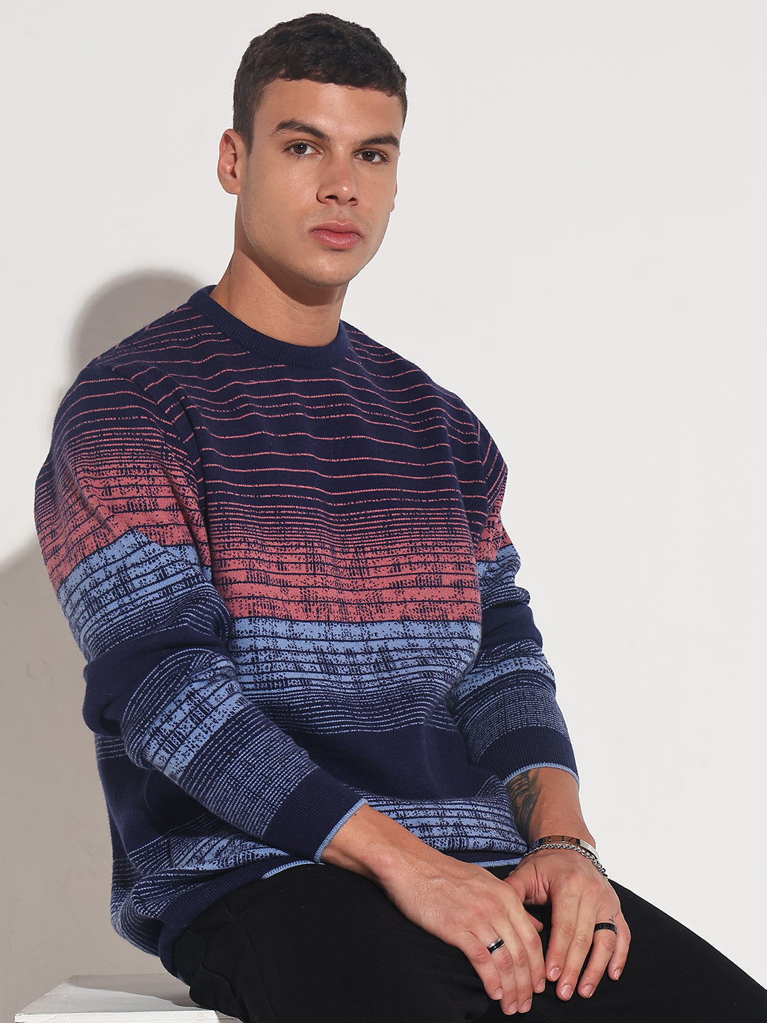 Men Striped Blue Gradient Ribbed Round Neck Sweater Trendy Layered Style