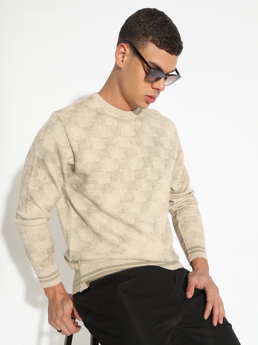 Men Geometric Beige Ribbed Round Neck Sweater Trendy Winter Knitwear