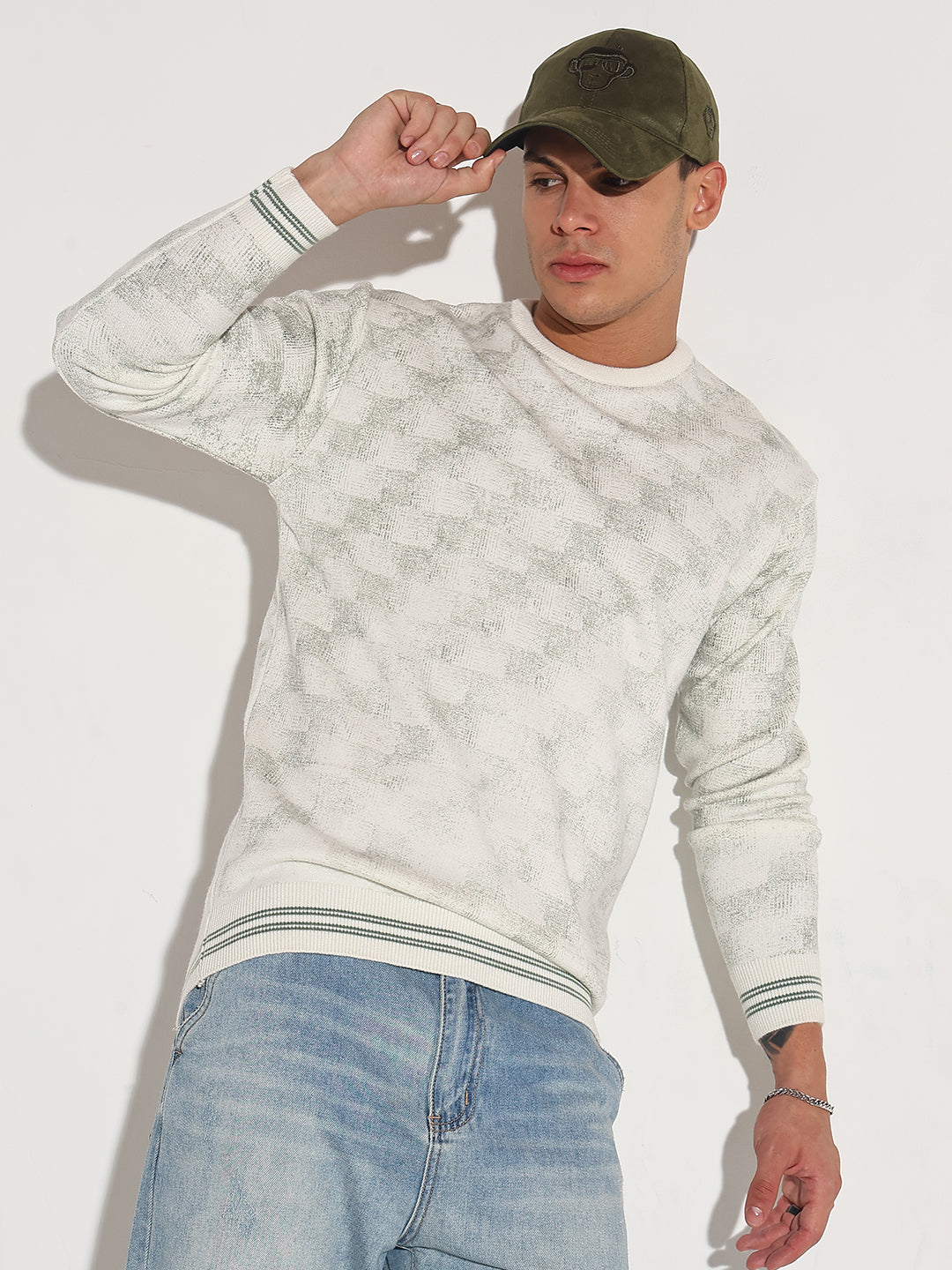 Men Geometric White Ribbed Round Neck Sweater Modern Minimal Look