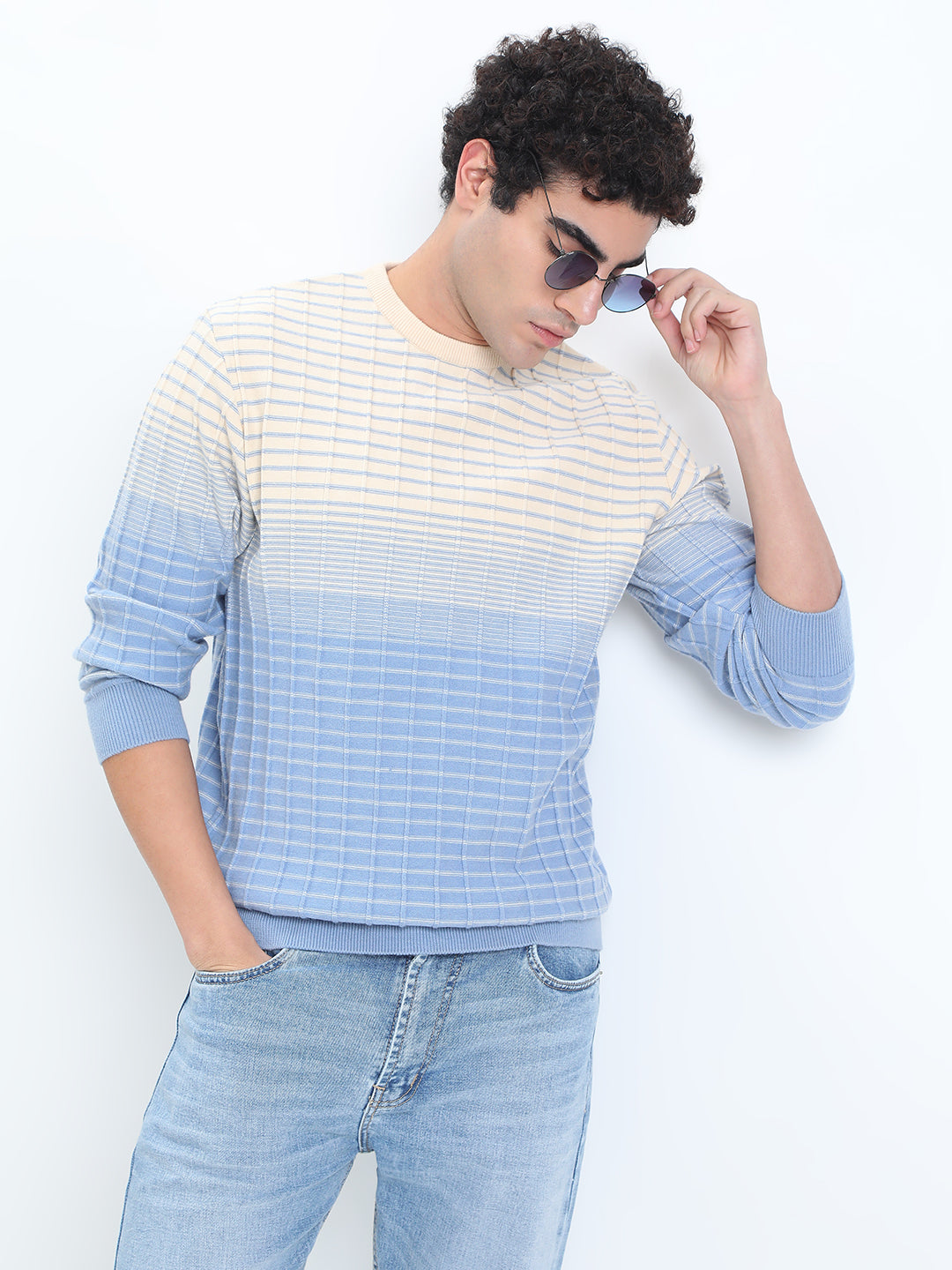 Men Textured Blue Ombre Ribbed Round Neck Sweater Modern Casual Layer