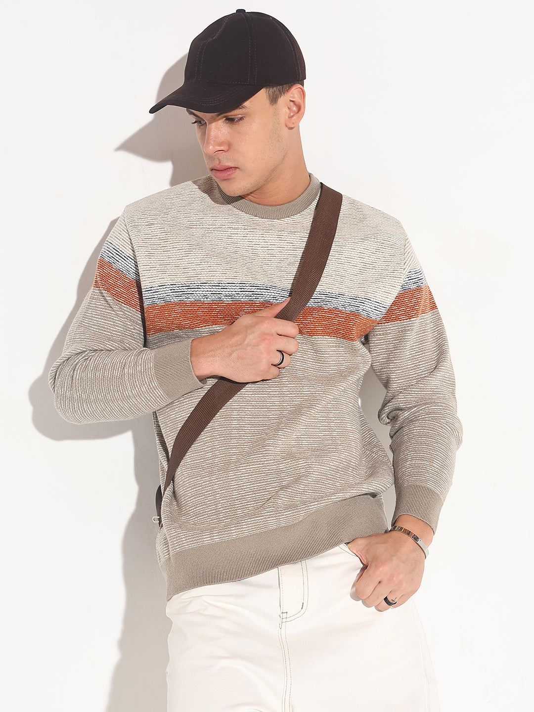 Men Striped Grey Ribbed Round Neck Sweater Casual Winter Pullover