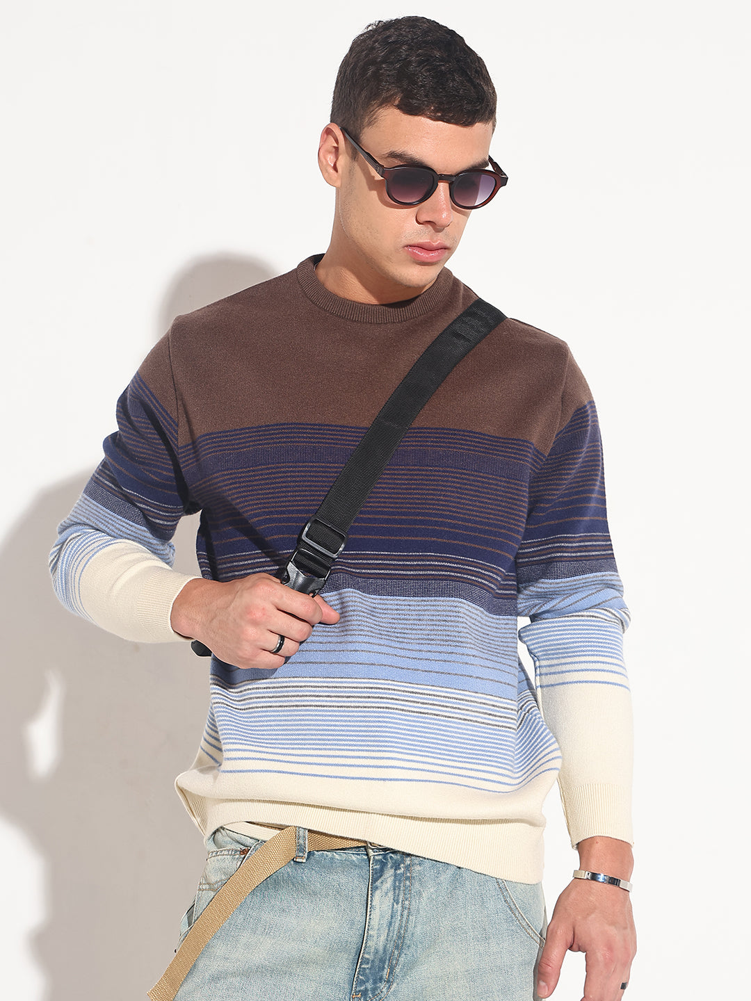 Men Striped Brown Ribbed Round Neck Sweater Cozy Everyday Look