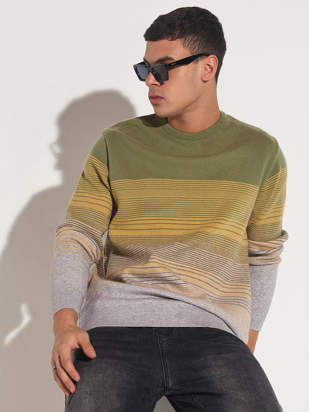 Men Striped Green Ribbed Round Neck Sweater Trendy Everyday Knitwear