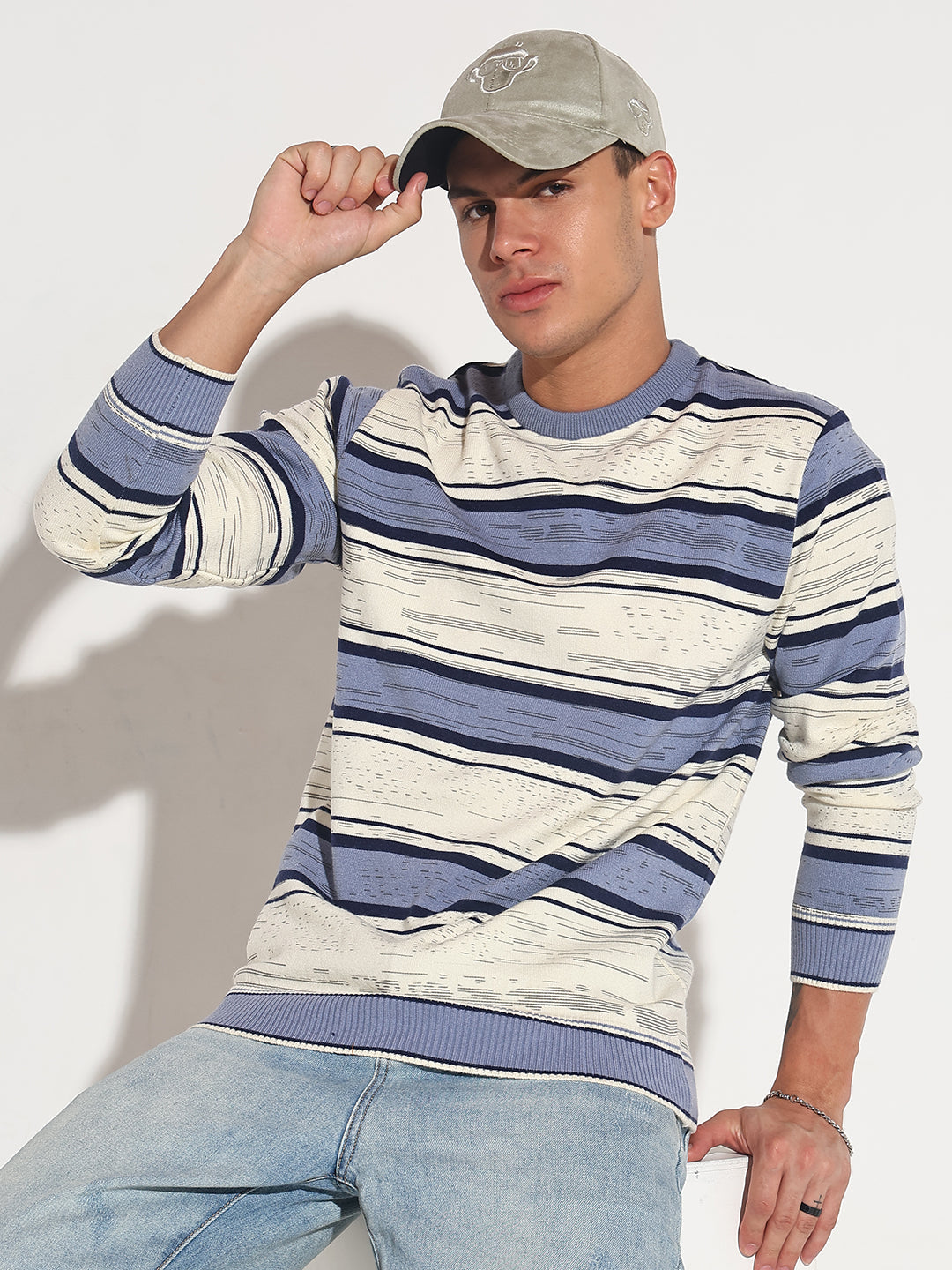 Men Striped Blue Ribbed Round Neck Sweater Classic Winter Style