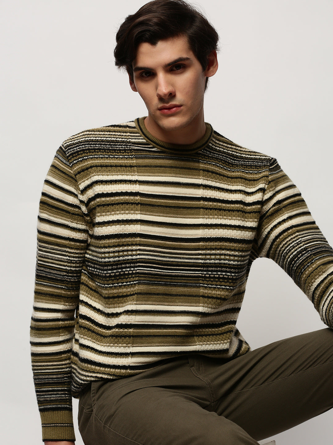 Men Olive Striped Acrylic Pullover Modern Layered Winter Look
