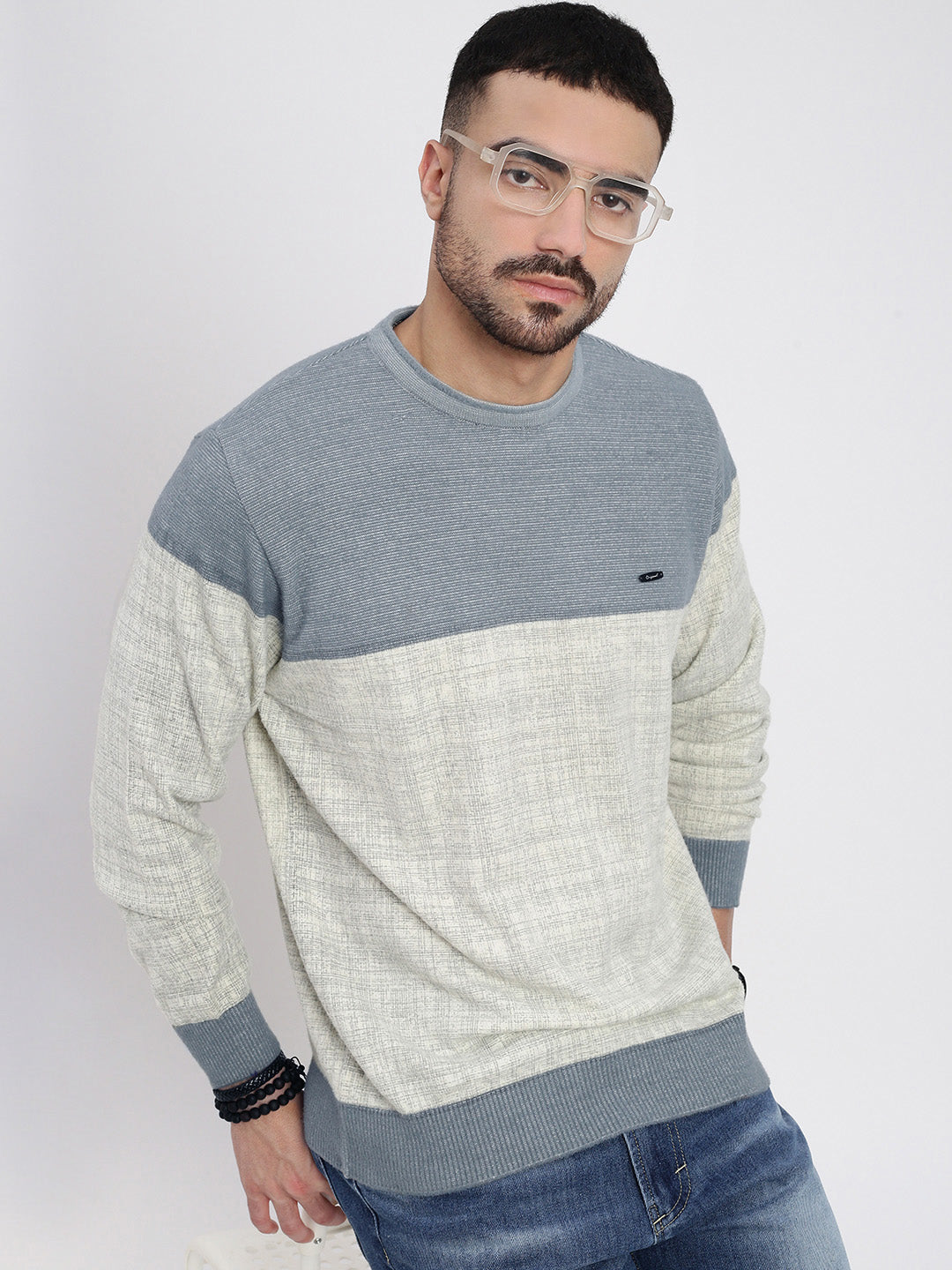 Men Grey Colourblocked Sweater Trendy Street Style Knitwear