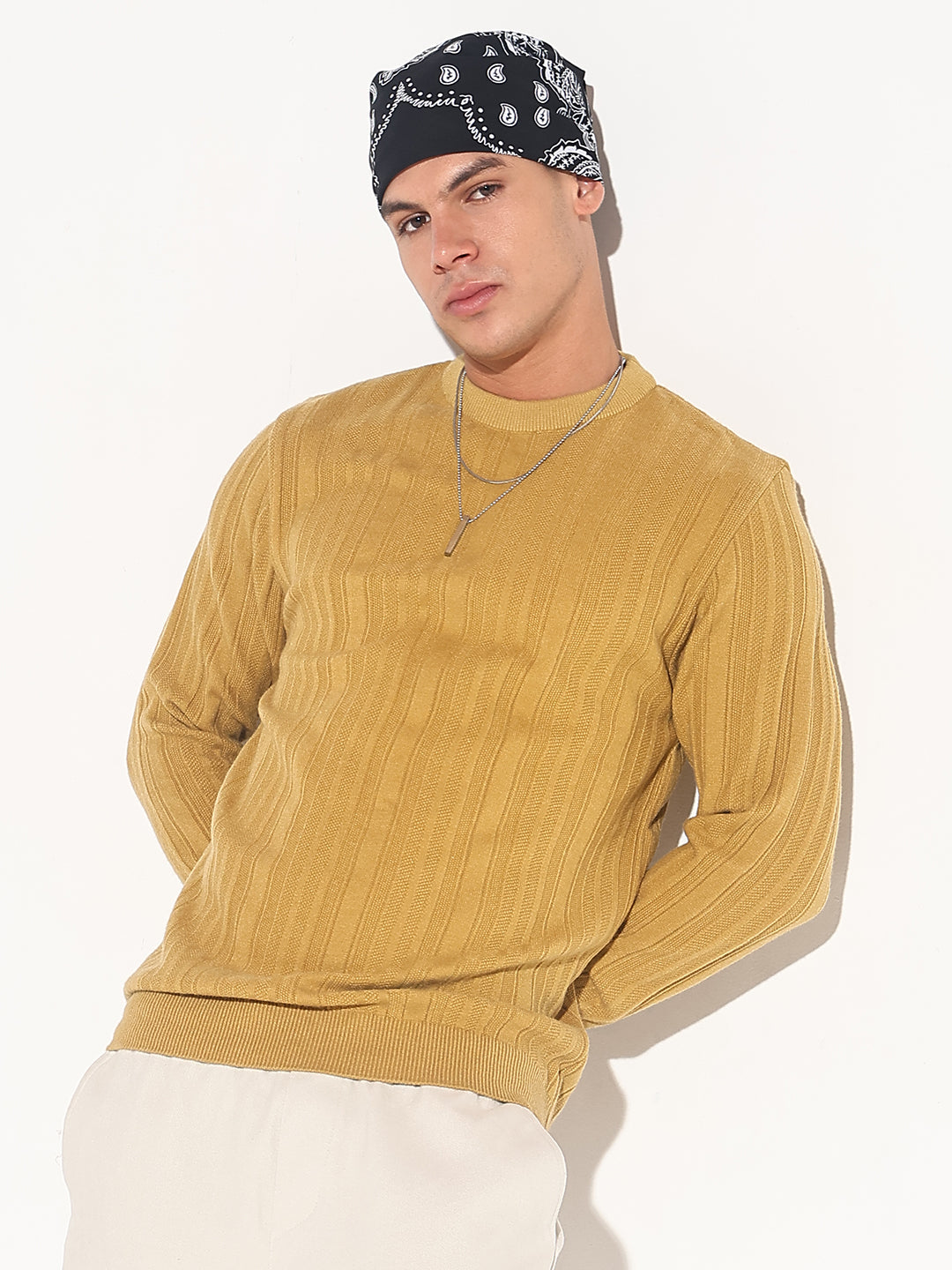 Men Mustard Ribbed Round Neck Sweater Vibrant Winter Pullover