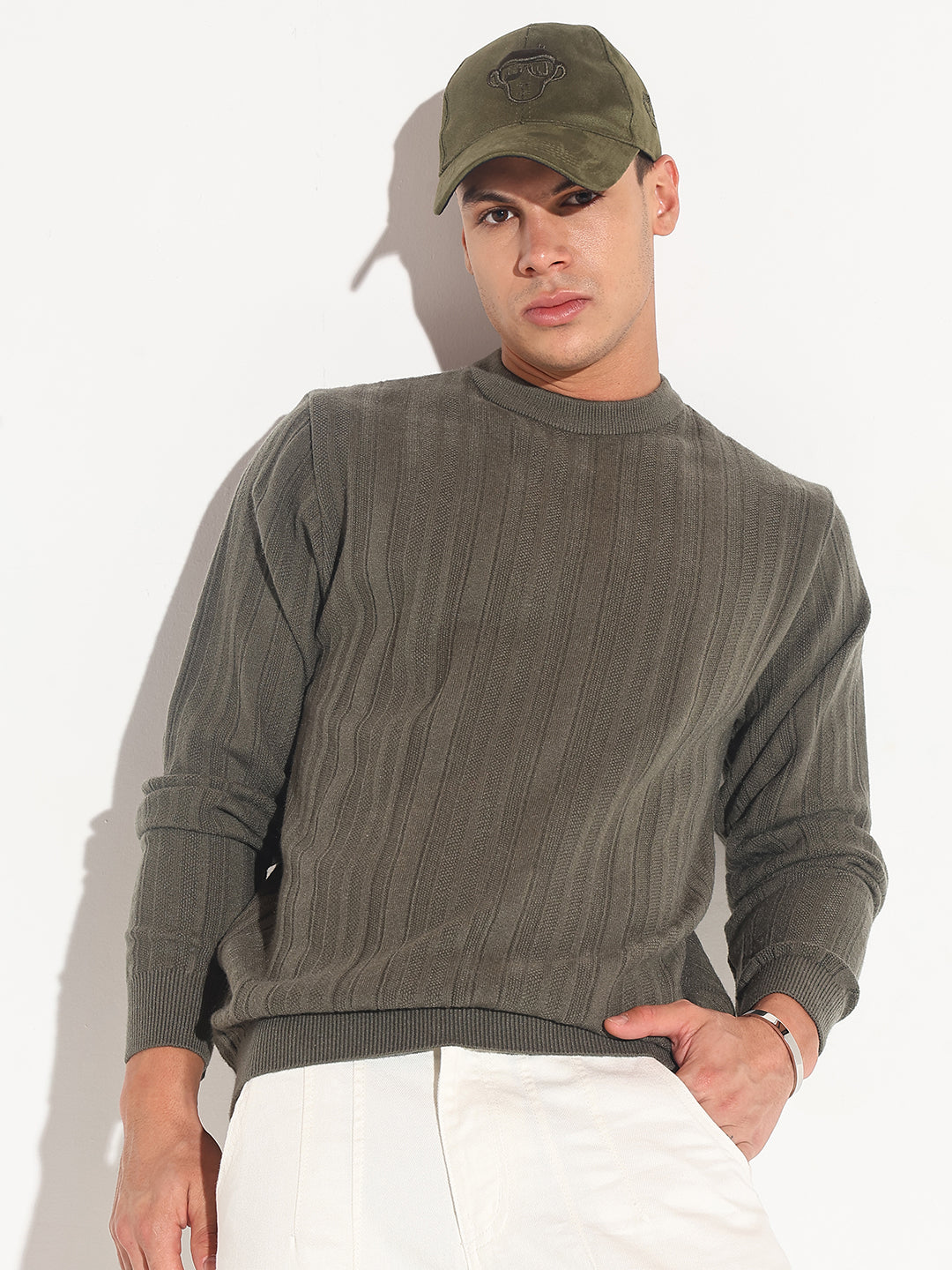 Men Olive Ribbed Round Neck Sweater Textured Winter Essential