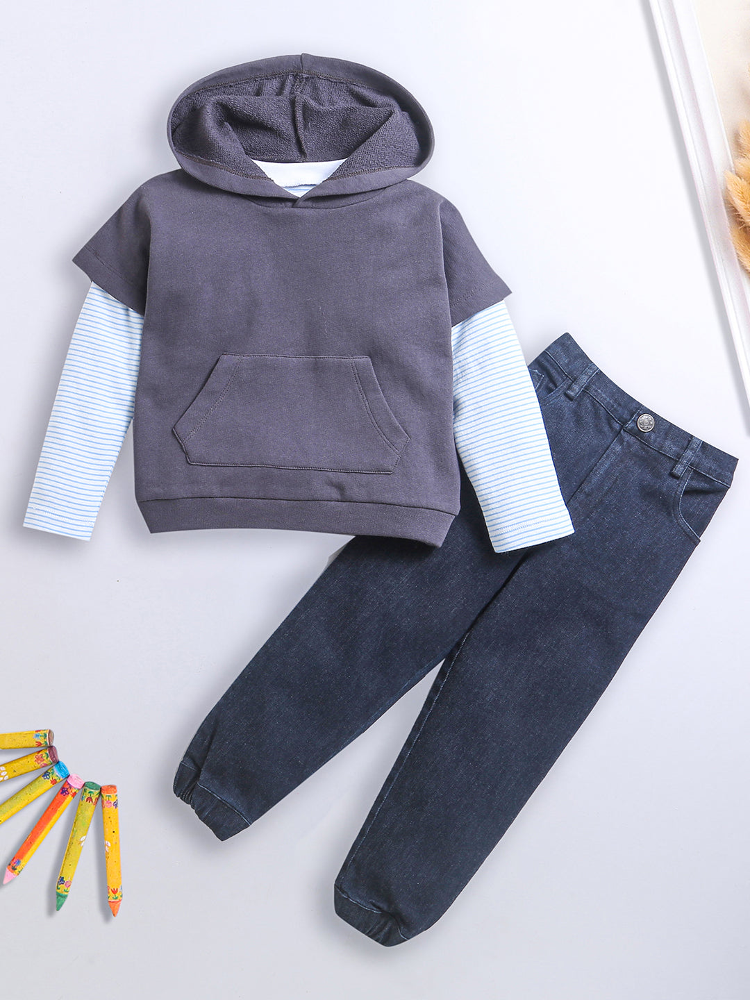 Boys Full Sleeve T-Shirt with Hoodie & Joggers Set ? Casual Wear