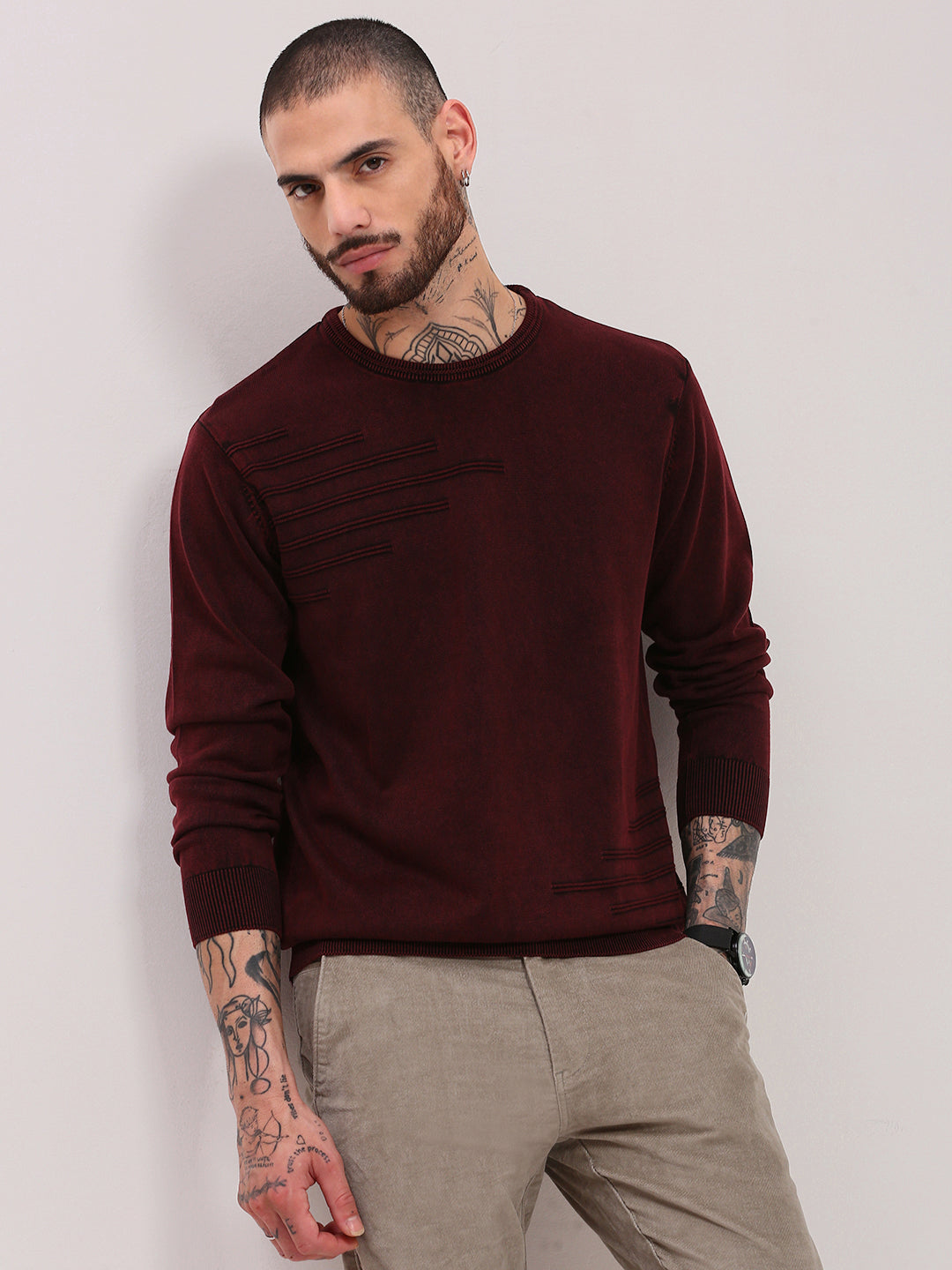 Men Maroon Solid Casual Sweater Modern Comfort Fit