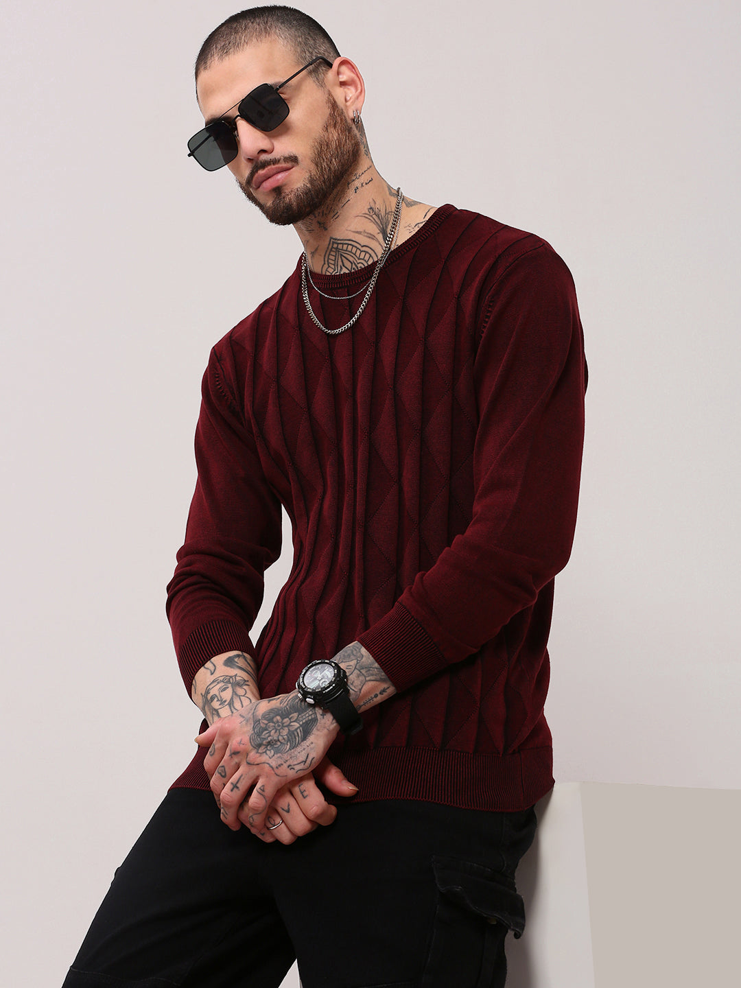 Men Maroon Geometric Prints Sweater Trendy Patterned Knit
