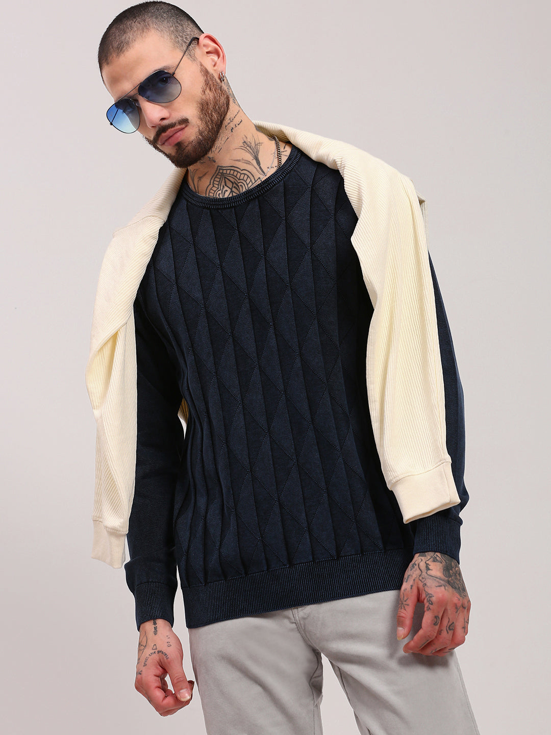 Men Navy Blue Geometric Sweater Bold Stylish Winter Wear