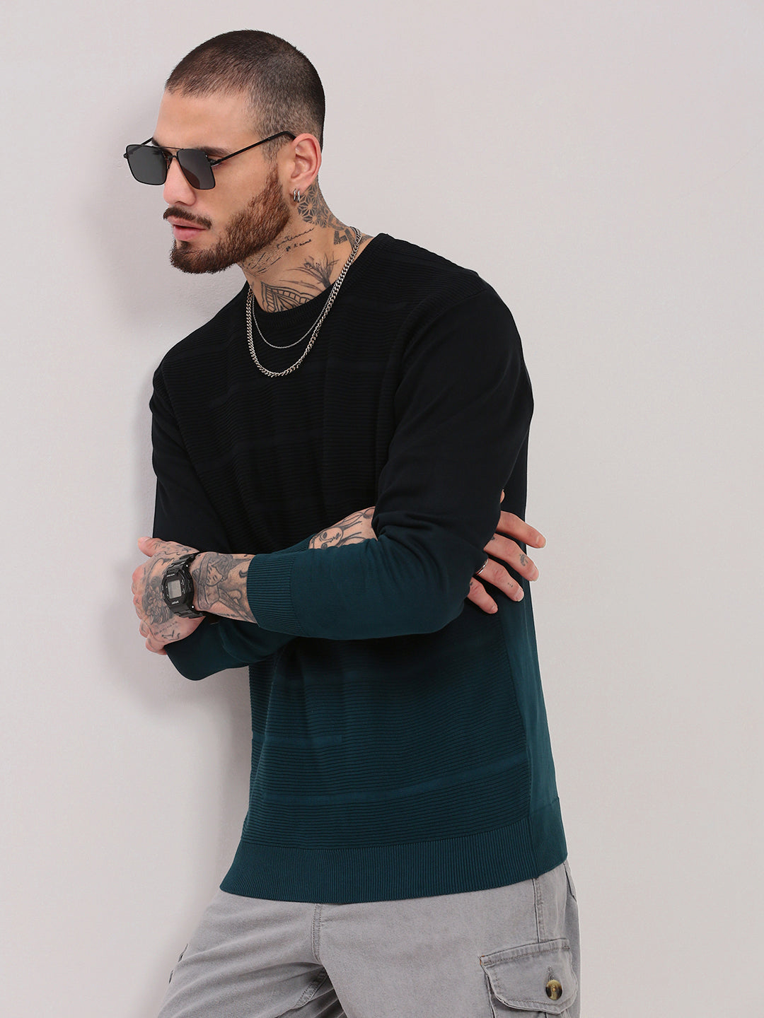Men Teal Cotton Colourblocked Pullover Sweater Trendy Contrast Look