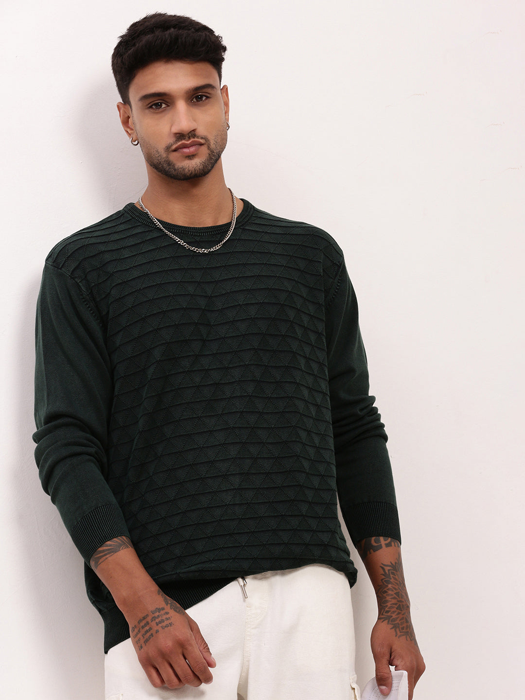 Men Green Solid Pullover Classic Cozy Wear