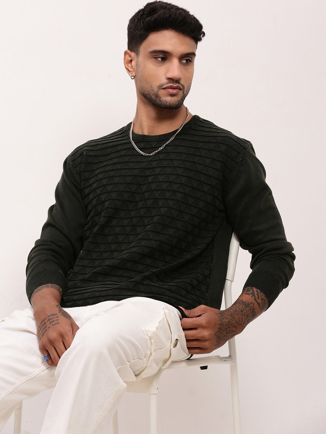 Men Olive Solid Sweater Modern Minimal Winter Fashion