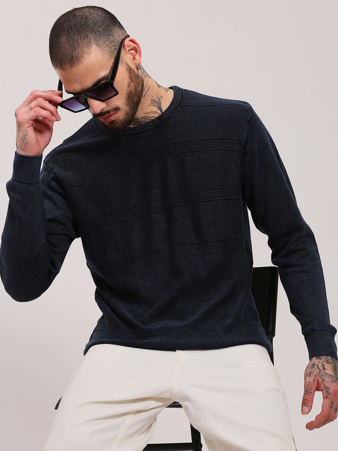 Men Navy Blue Solid Sweater Smart Casual Pullover