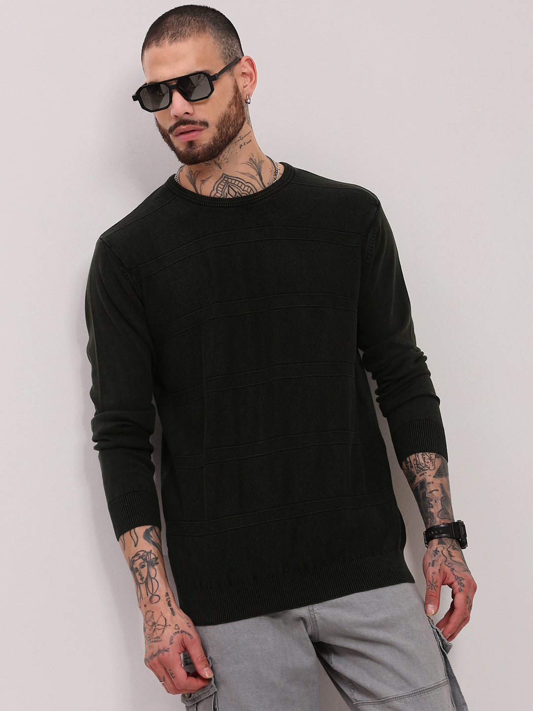 Men Olive Round Neck Pullover Cotton Sweater Comfortable Daily Look