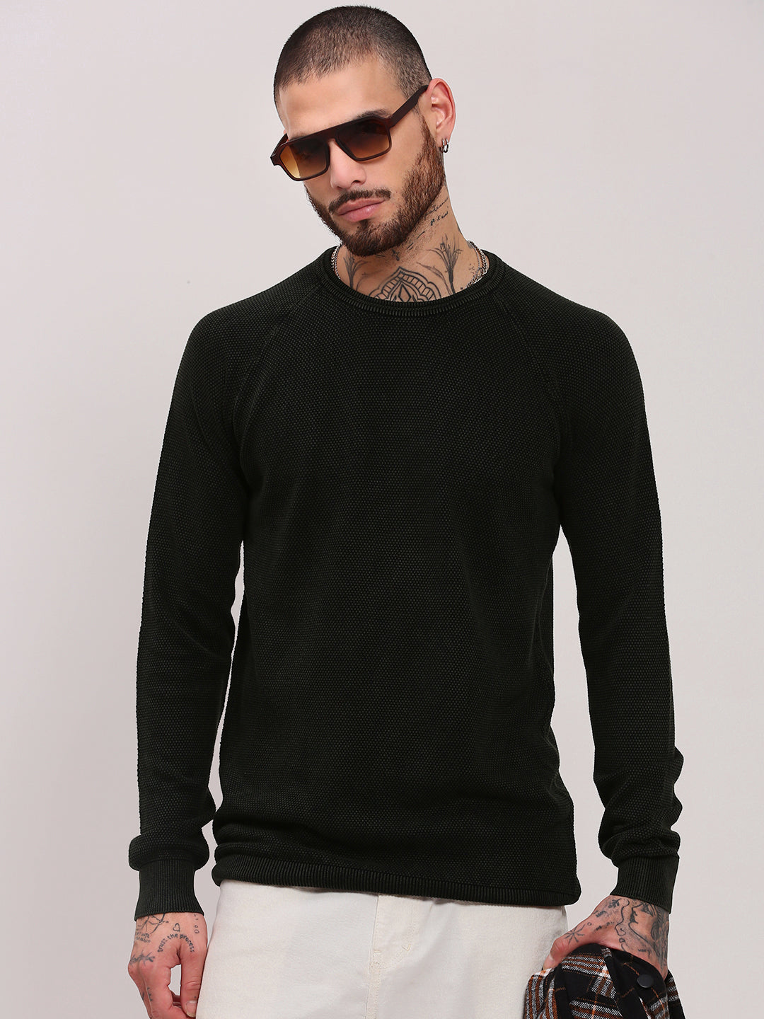 Men Olive Round Neck Long Sleeves Casual Pullover Soft Everyday Wear