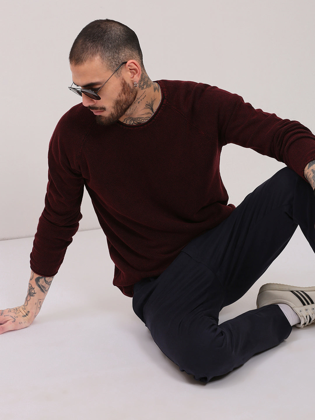 Men Maroon Solid Cotton Sweater Soft Everyday Knitwear