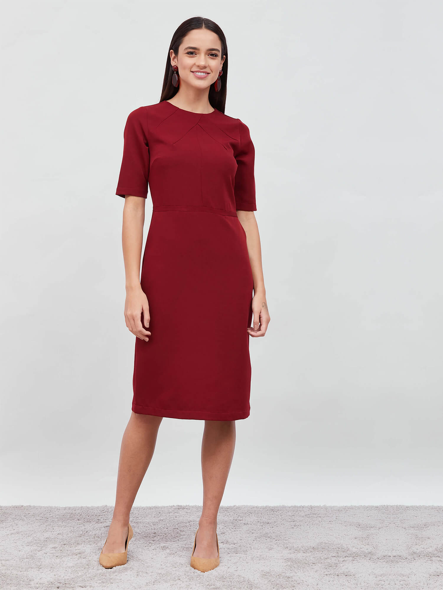 Prestige Maroon Sheath Dress for Women Classy Bodycon Office Wear