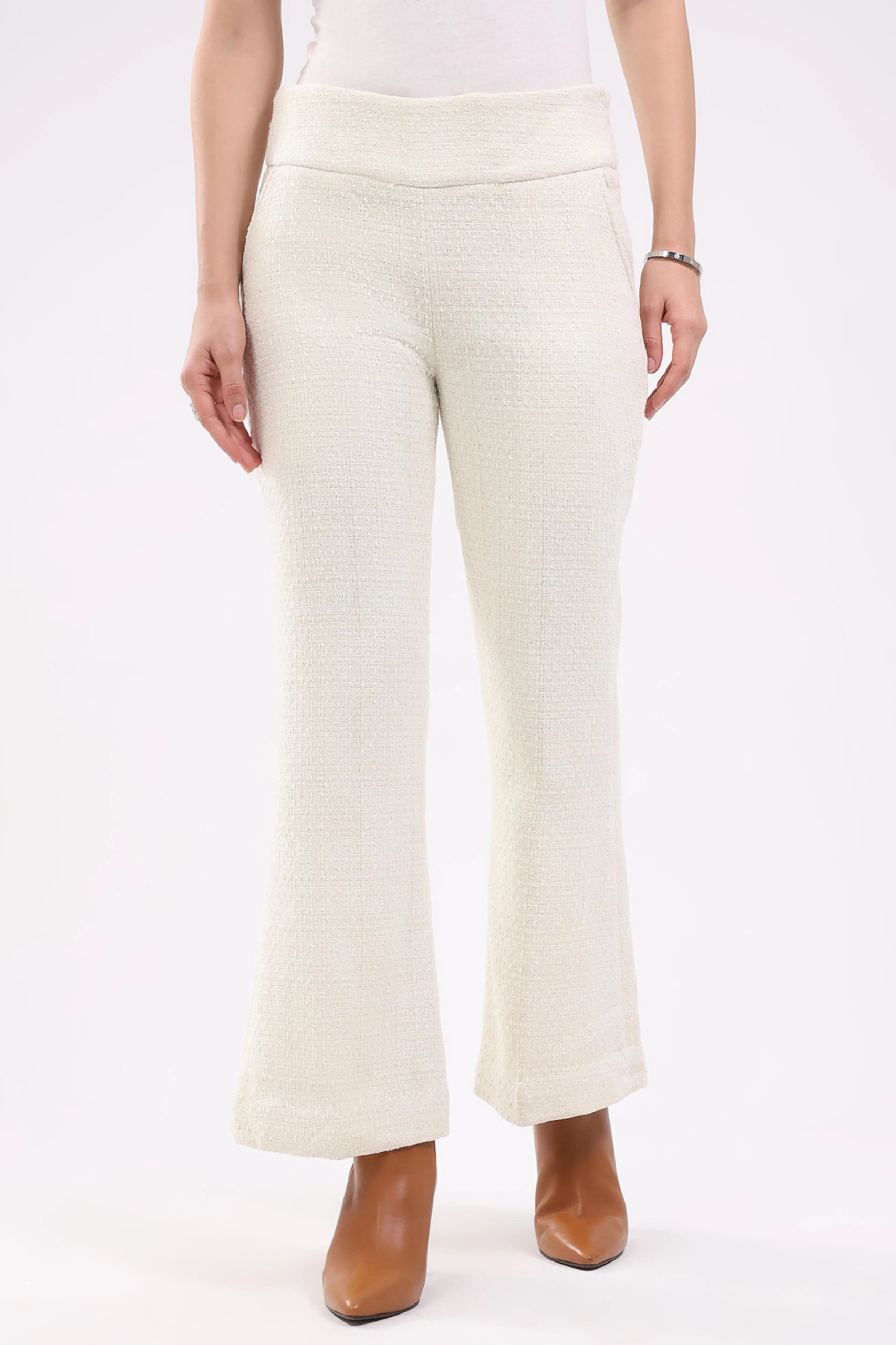 White Wool Blend Bootcut Trousers for Women Chic Winter Bottom Wear