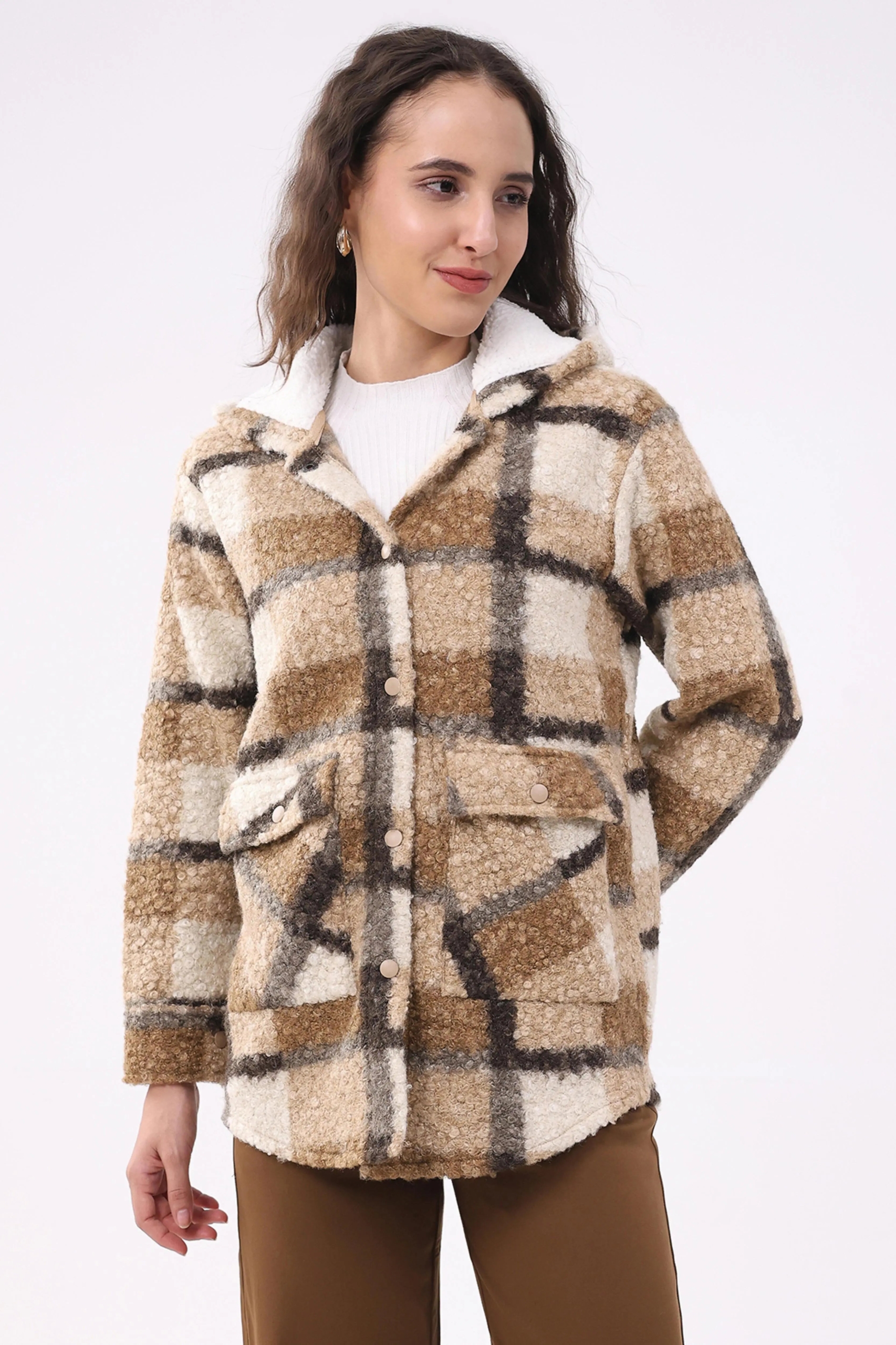 Beige Wool Blend Checked Hooded Jacket for Women Trendy Warm Outerwear