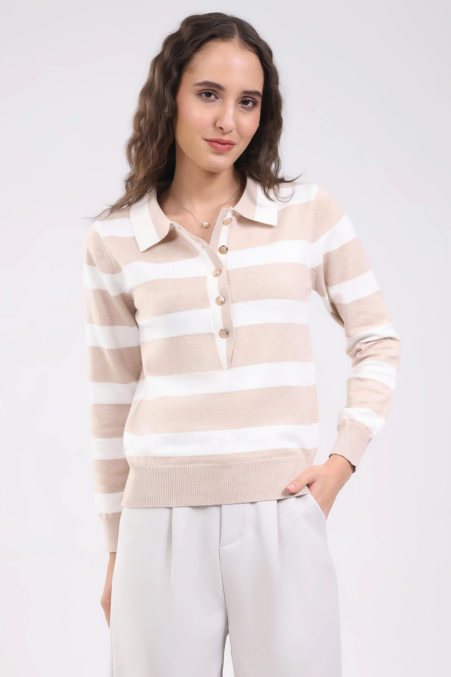 Beige Wool Blend Striped Pullover for Women Soft Cozy Everyday Wear