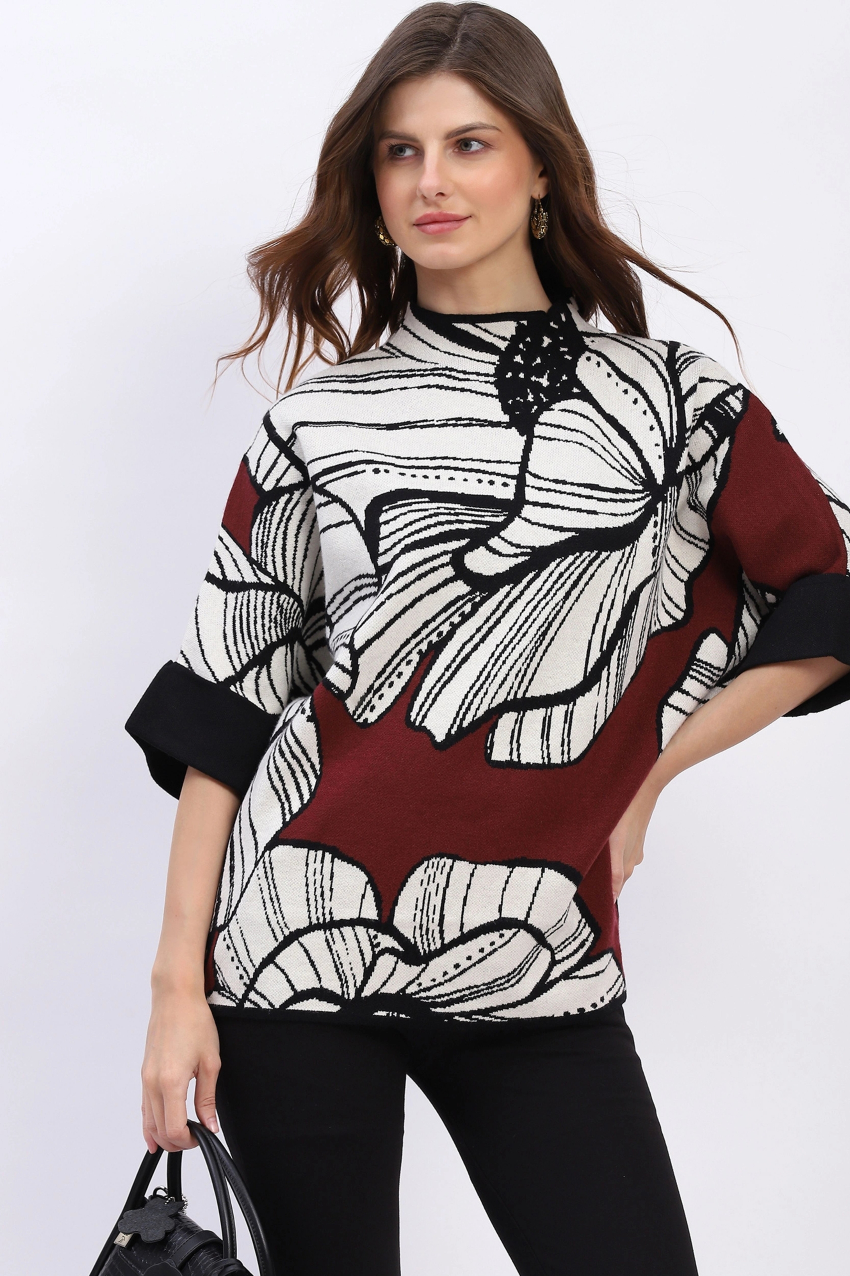 Abstract High Neck Pullover for Women Trendy Graphic Knitwear