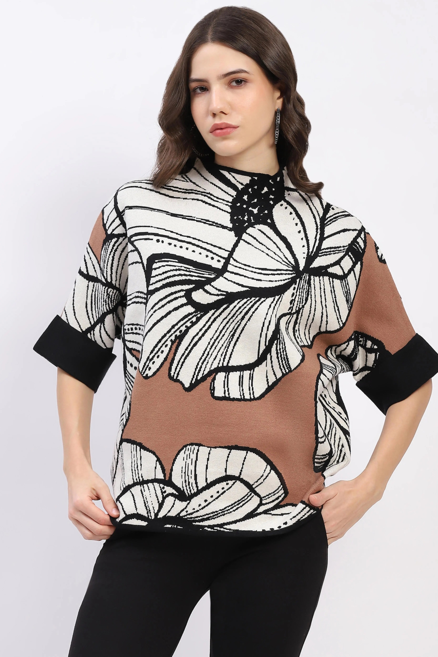 Abstract High Neck Pullover for Women Stylish Modern Knitwear