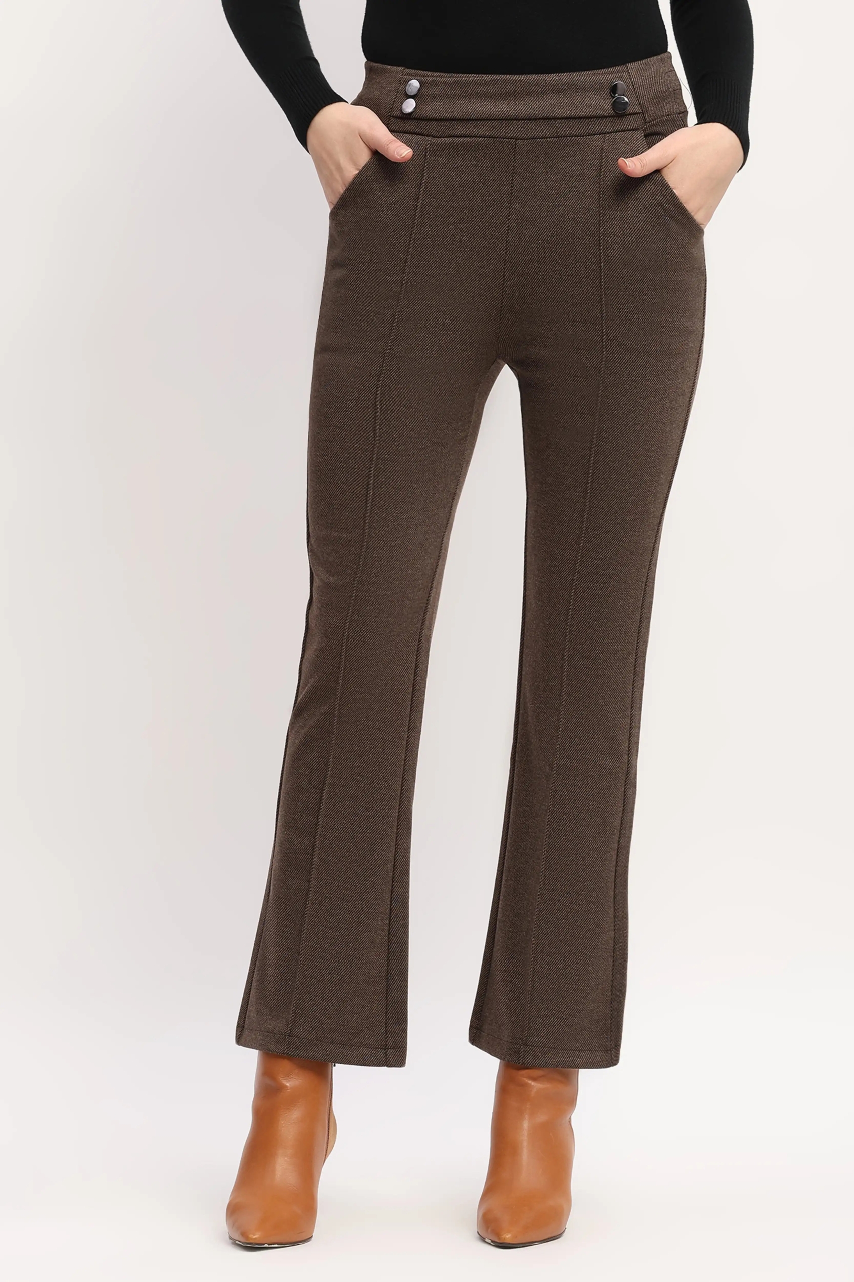 Brown Slim Fit Bootcut Trousers for Women Stylish Office Look