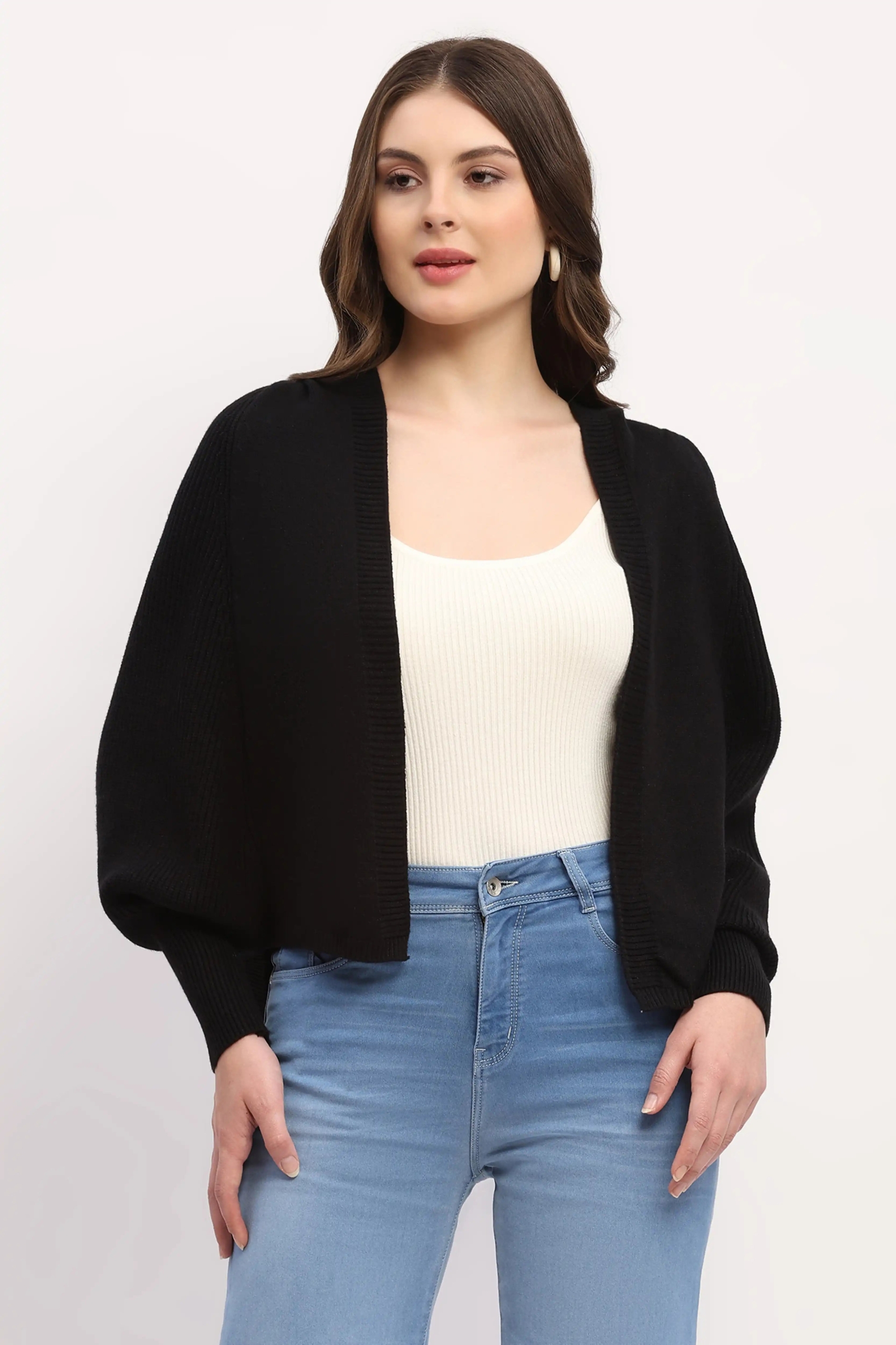 Black Hooded Winter Shrug for Women Trendy Streetwear Look