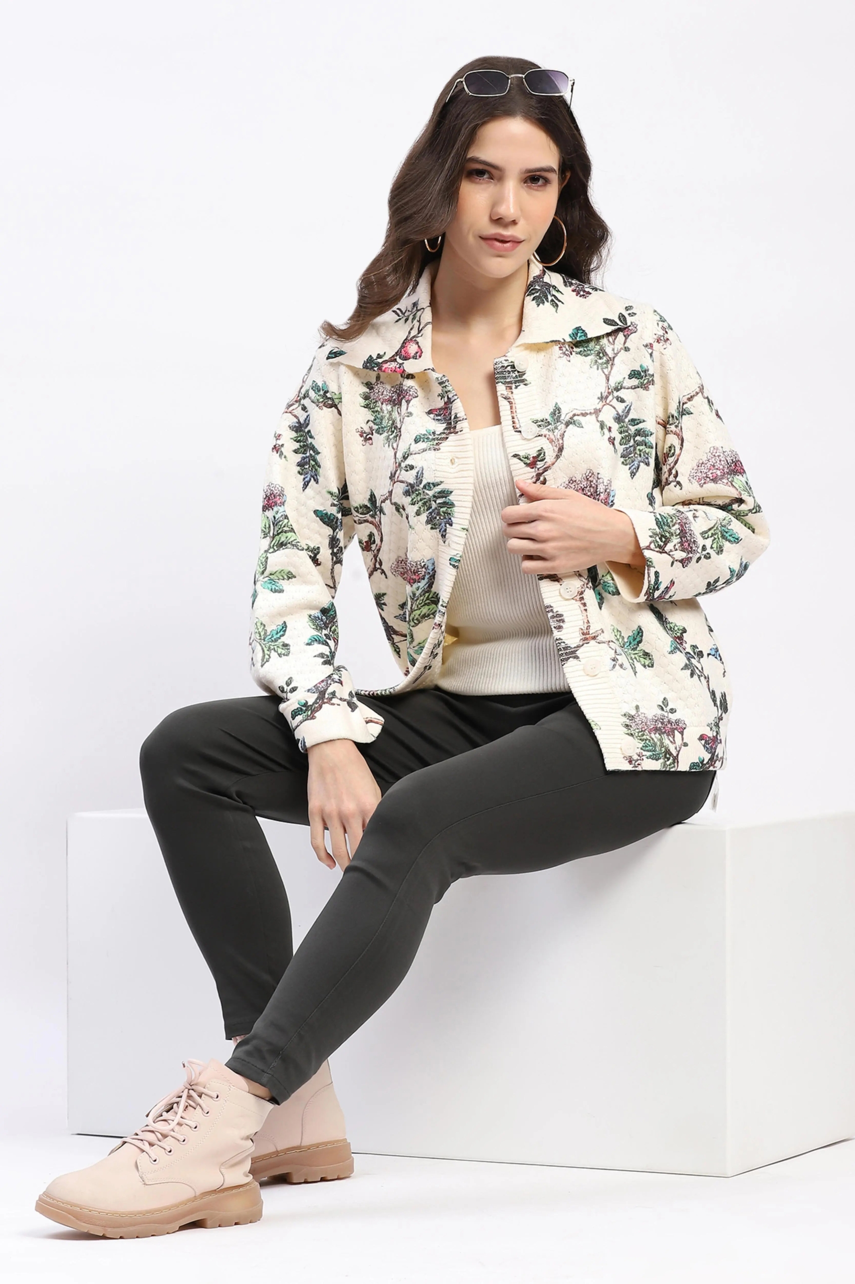 Botanical Print Loose Fit Cardigan for Women Soft Floral Winter Style