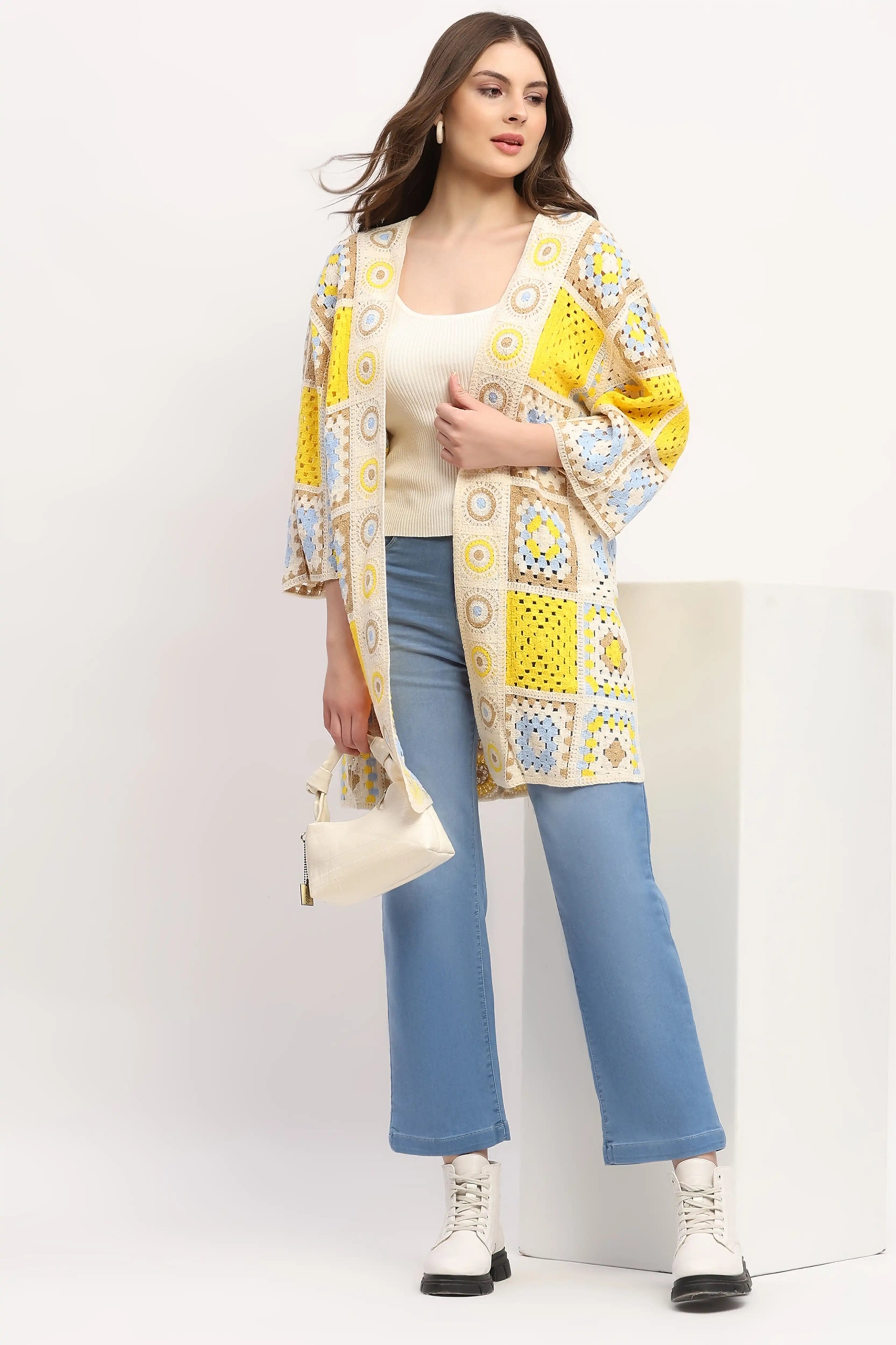 Multicolor Crochet Long Shrug for Women Trendy Boho Winter Look