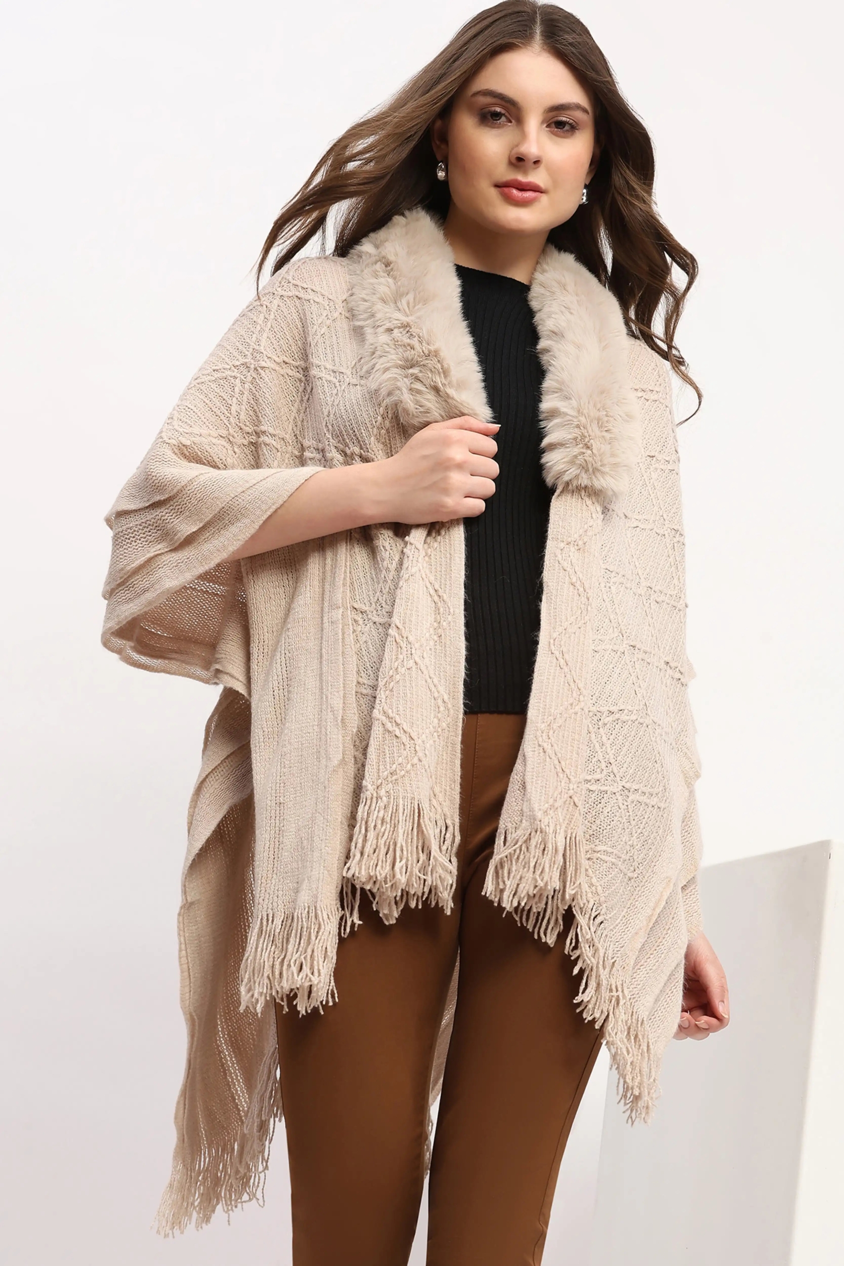 Beige Woven Winter Cape for Women Elegant Warm Layer Wear