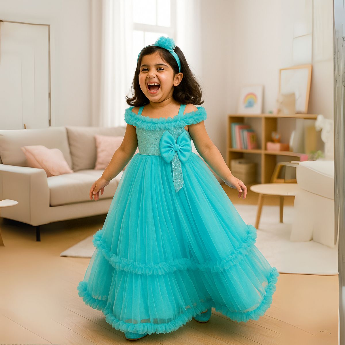 Sky Blue Gown for Girls with Bow