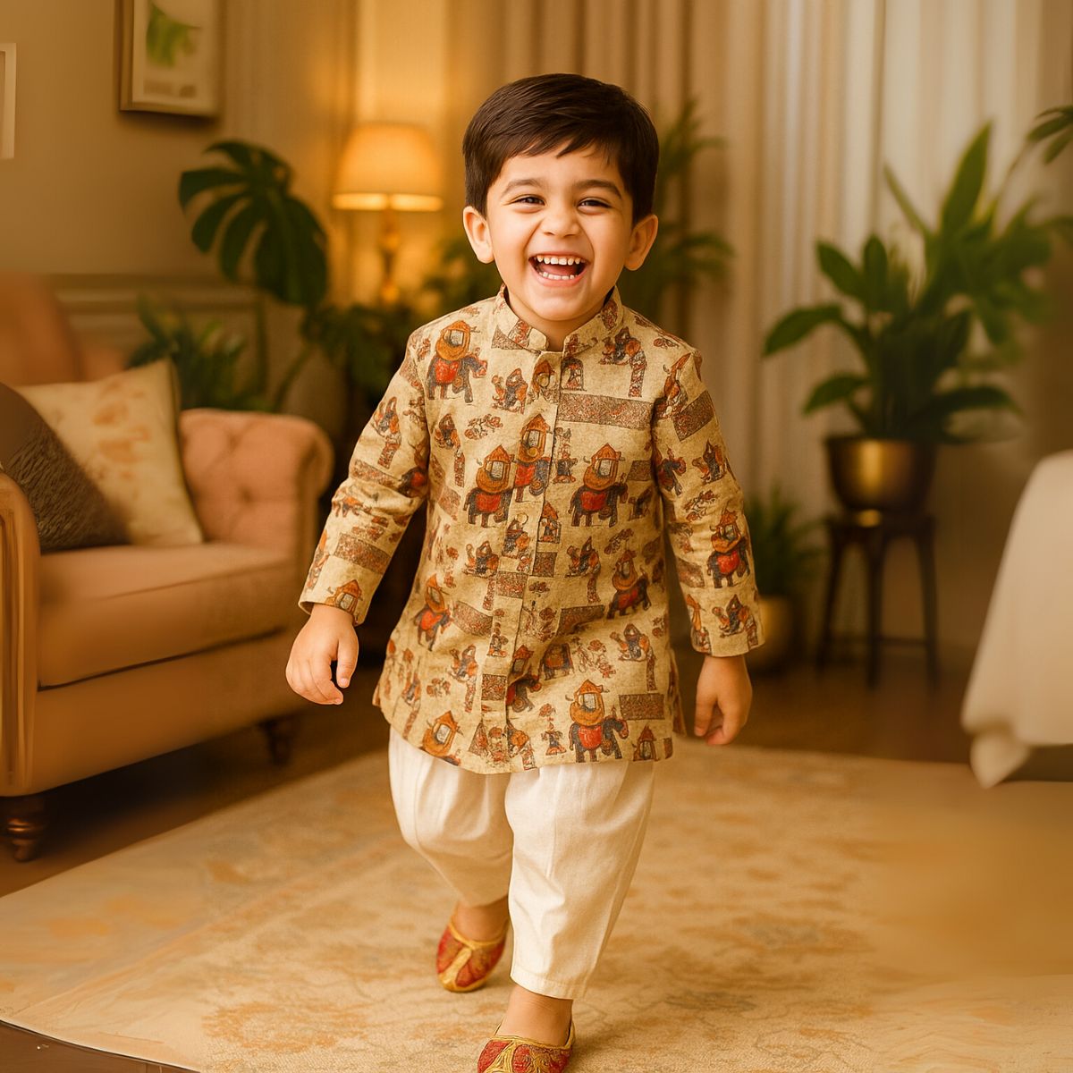 Fawn Printed Kurta Pajama Suit for Boys