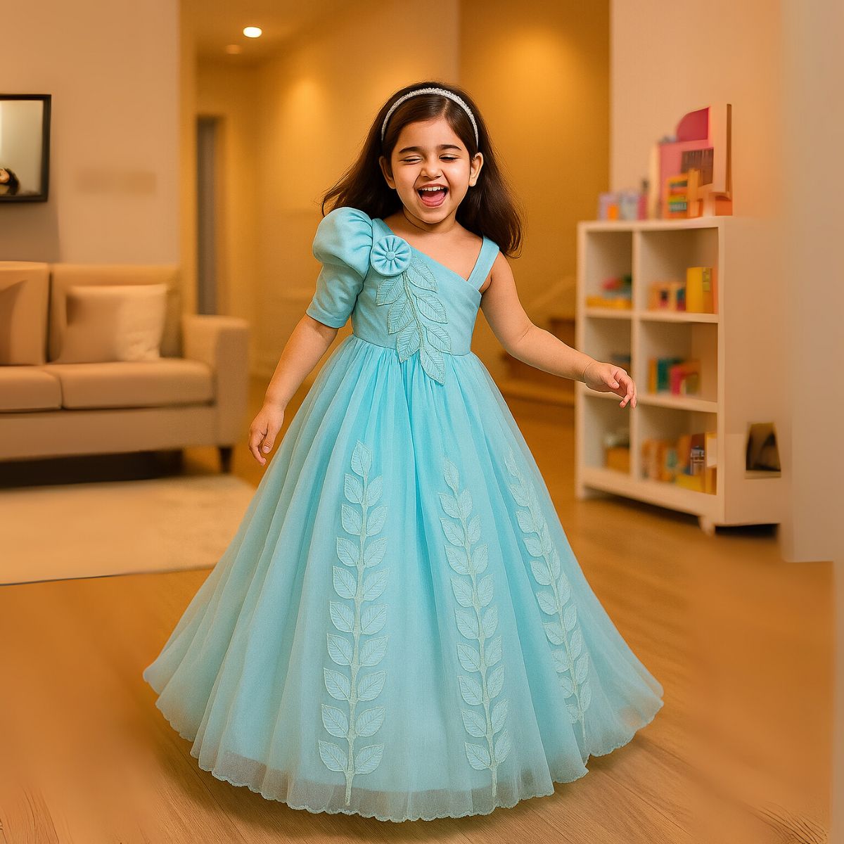 Sky Blue Puff Sleeve Gown for Girls